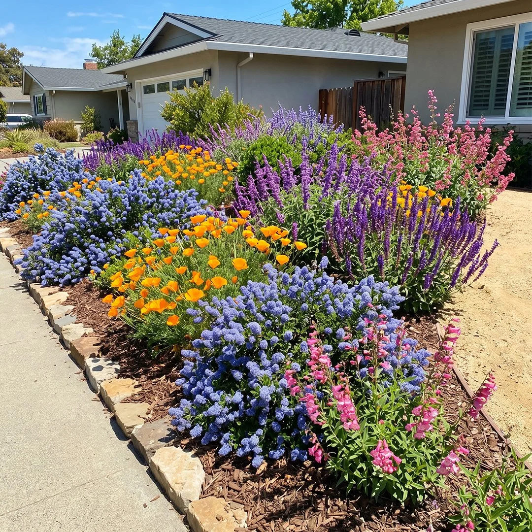 Colorful native perennials blooming gracefully in a well-planned, low-maintenance garden bed.