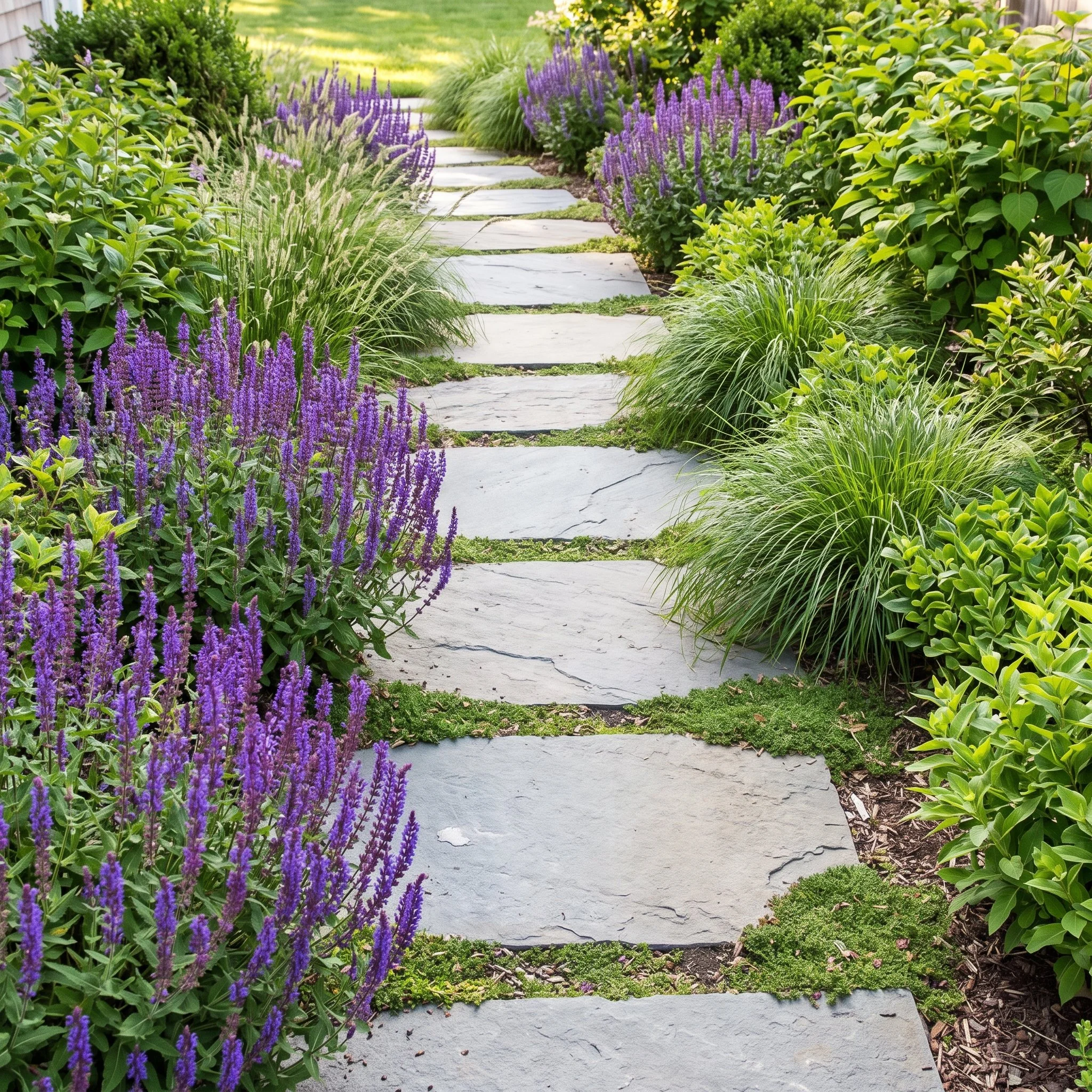 A meandering pathway composed of natural stone pavers is bordered by vibrant blooming perennials and lush green foliage.