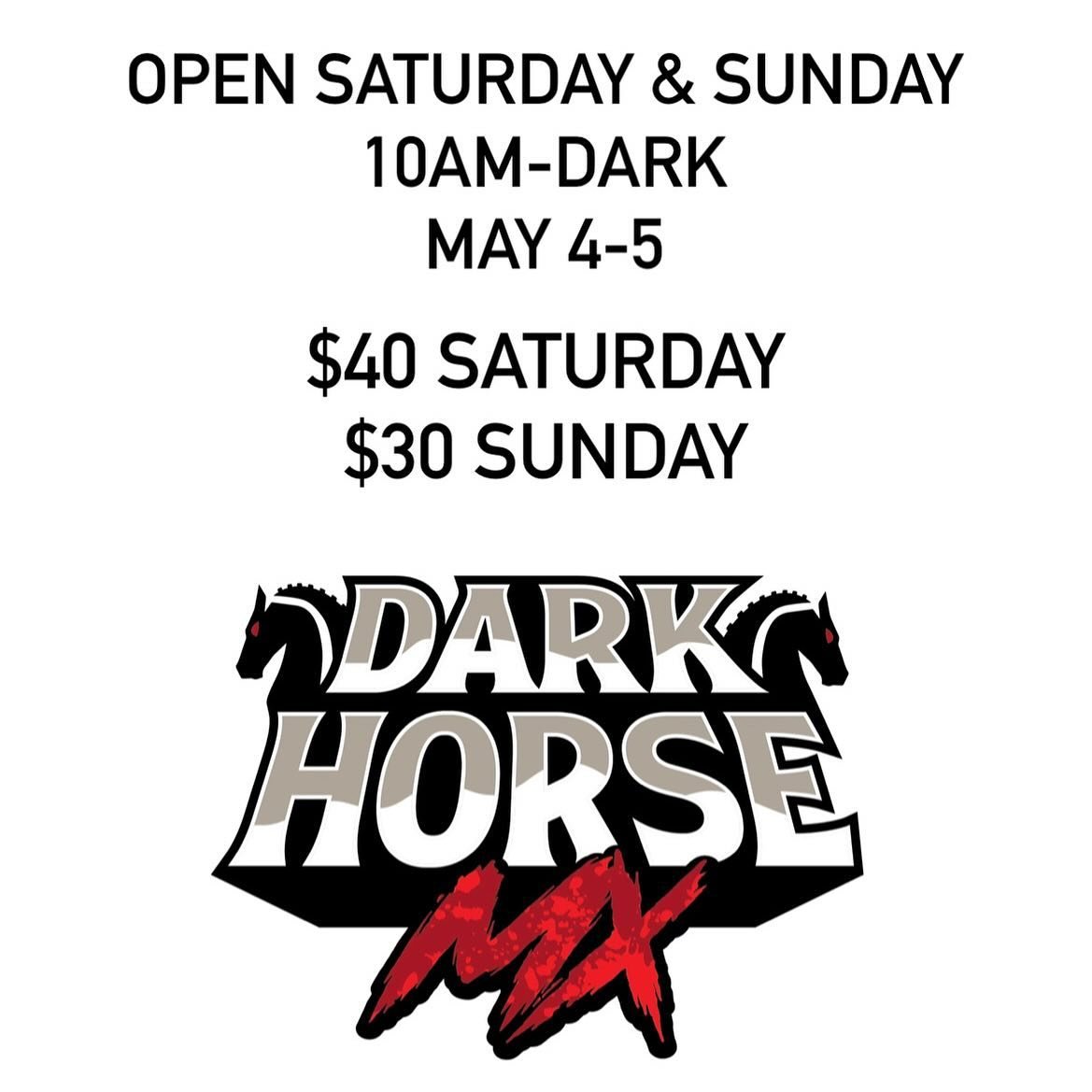 Open May 4-5
Saturday $40
Back track Full Prep
Front track left rough for training and spot prepped
Sunday$30
Both tracks spot prepped &amp; watered