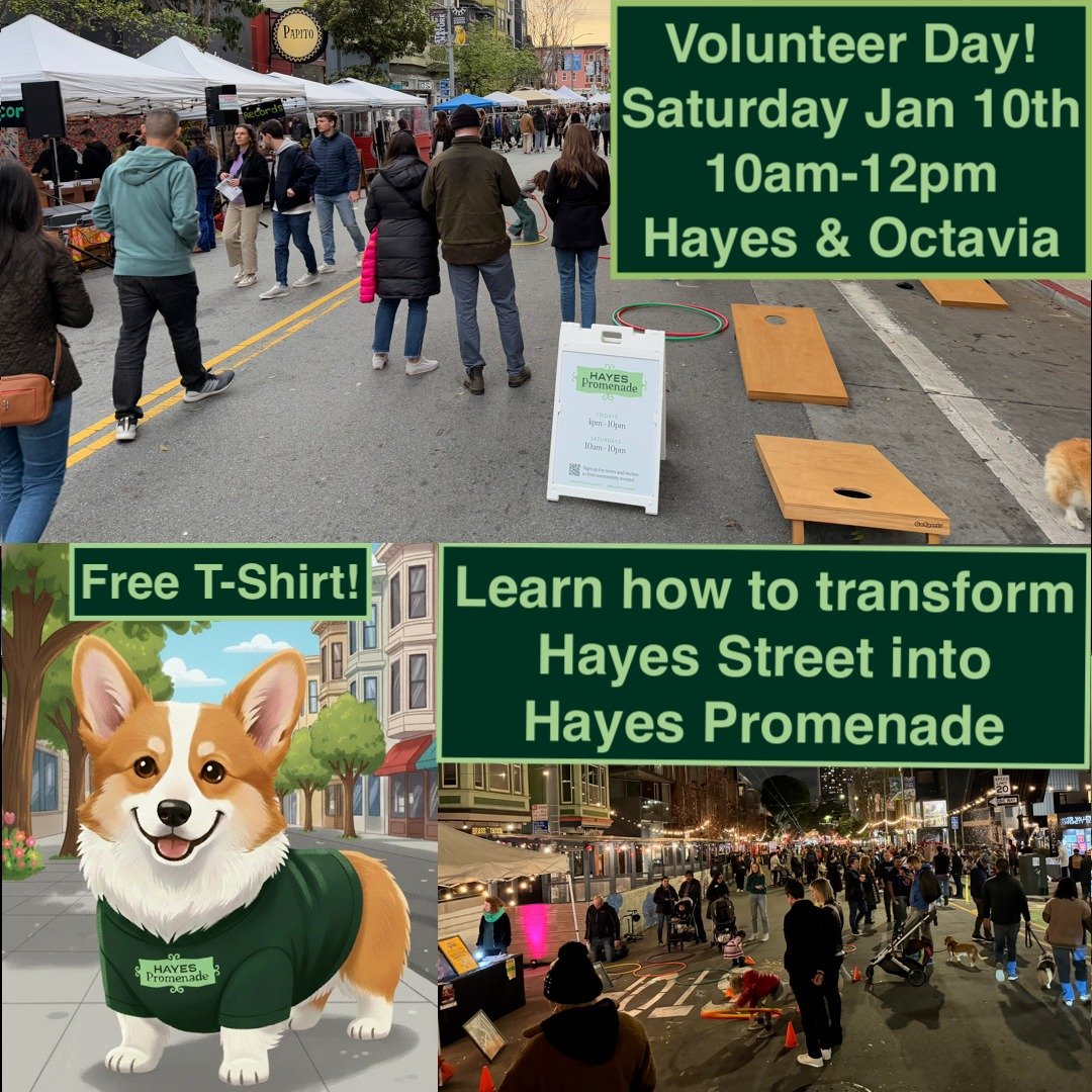 Join us for Volunteer Day! Learn how we transform Hayes Street into Hayes Promenade every weekend. We'll walk through how to support musician and artist events, and how to deploy games, planters, signage, barricades, and seating. Help us fill the str