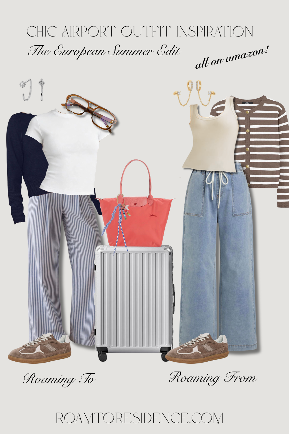Chic airport outfit inspiration collage showing two looks — wide leg striped linen pants with a white tee and navy sweater, and wide leg jeans with a sand tank and brown striped cardigan, styled with a Longchamp tote, Rimowa inspired luggage, and bro