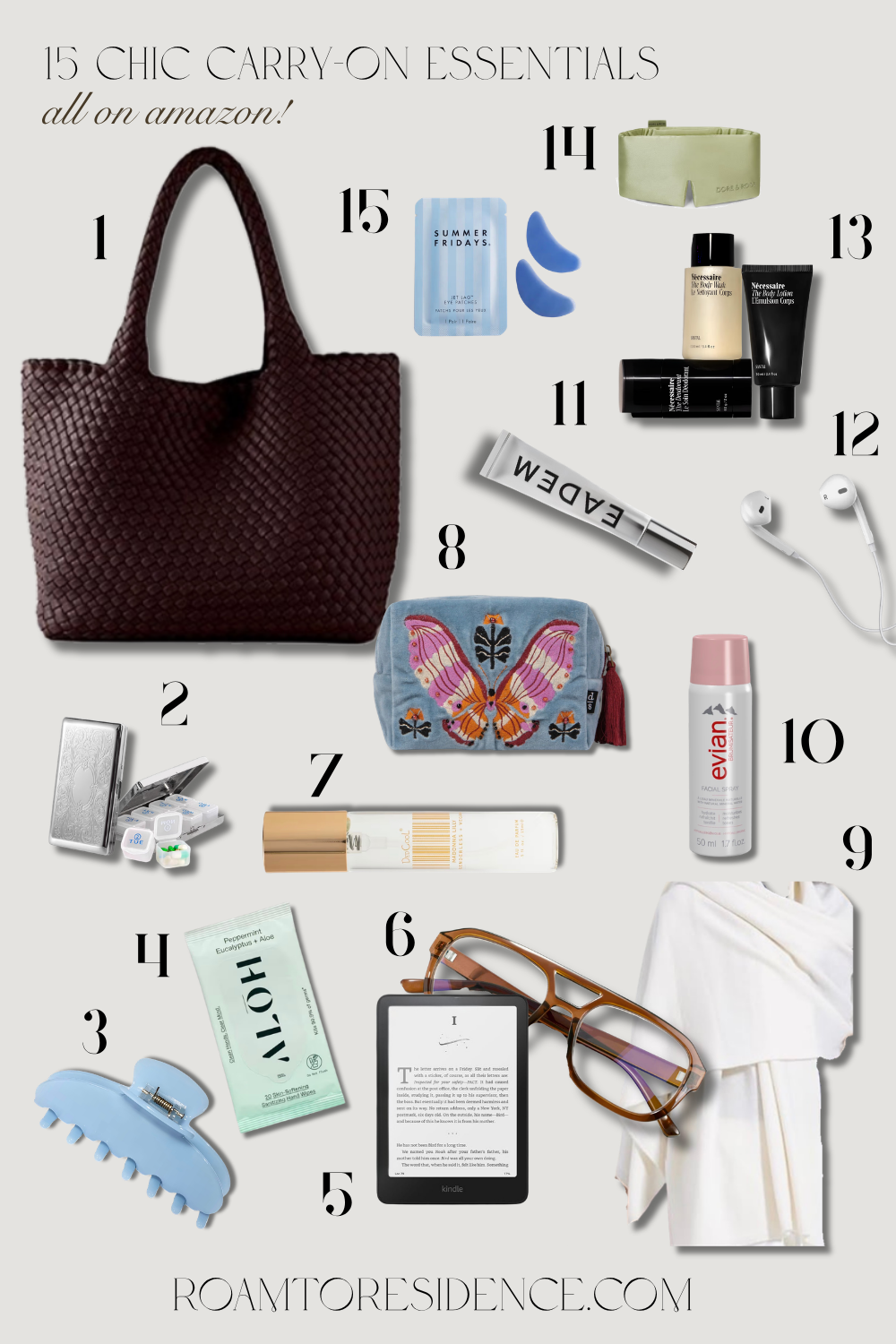 Chic carry-on essentials from Amazon including a woven tote bag, silk sleep mask, Nécessaire travel trio, Kindle, cashmere wrap, and travel accessories laid out in a flat lay collage