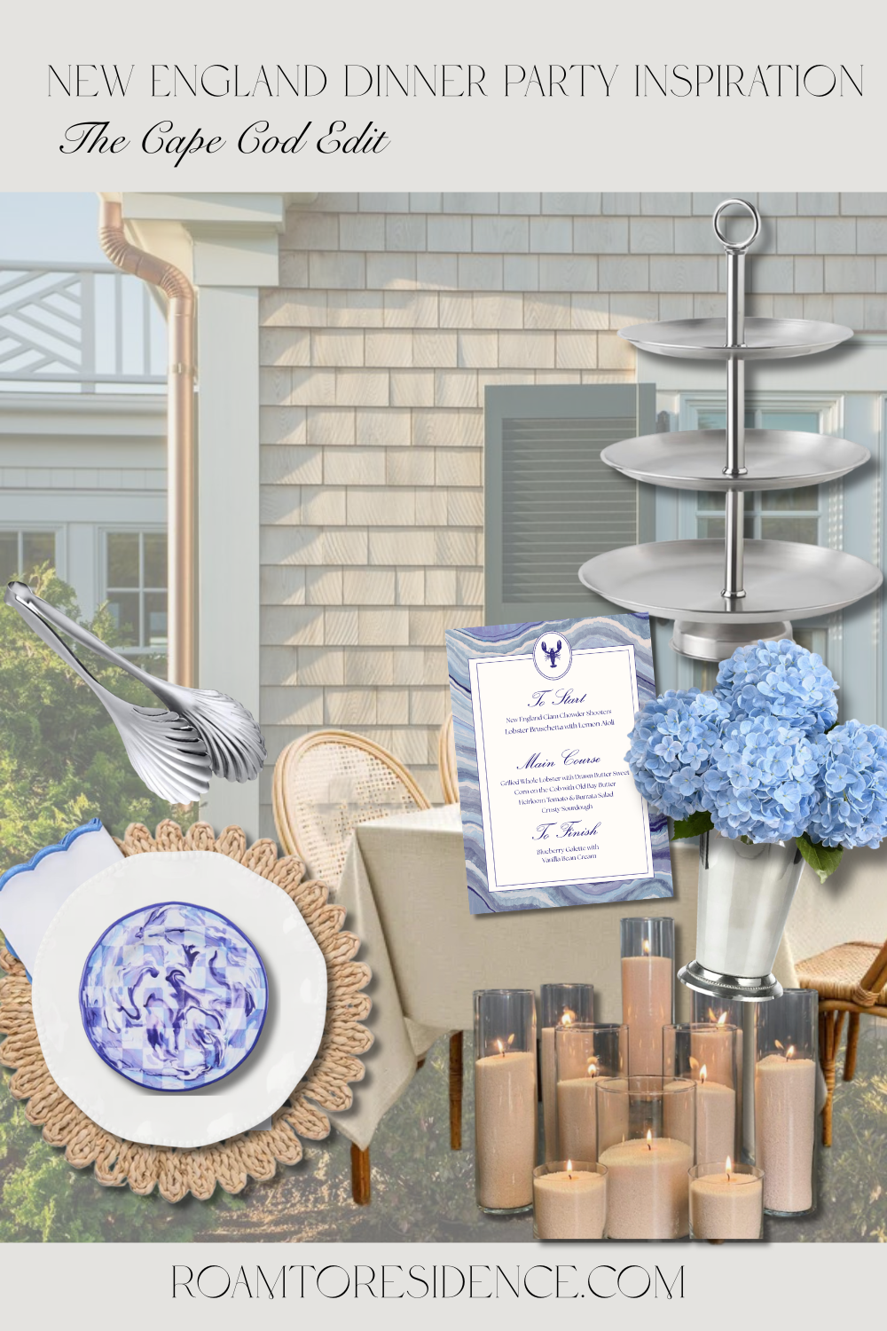 New England dinner party inspiration collage featuring blue hydrangeas, white scalloped plates, blue marbled salad plates, silver seafood tower, sand pillar candles, and a coastal lobster menu card