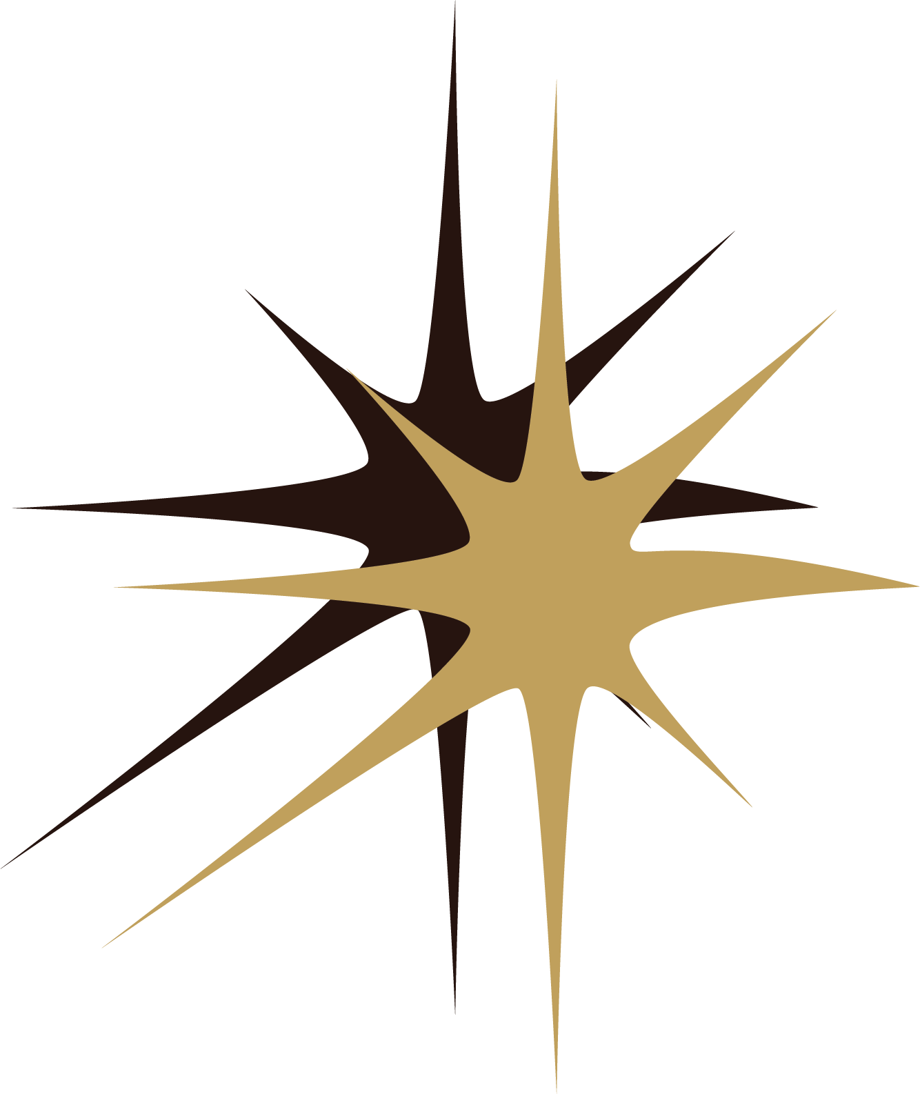 A star-shaped graphic with alternating gold and dark brown points on a black background.