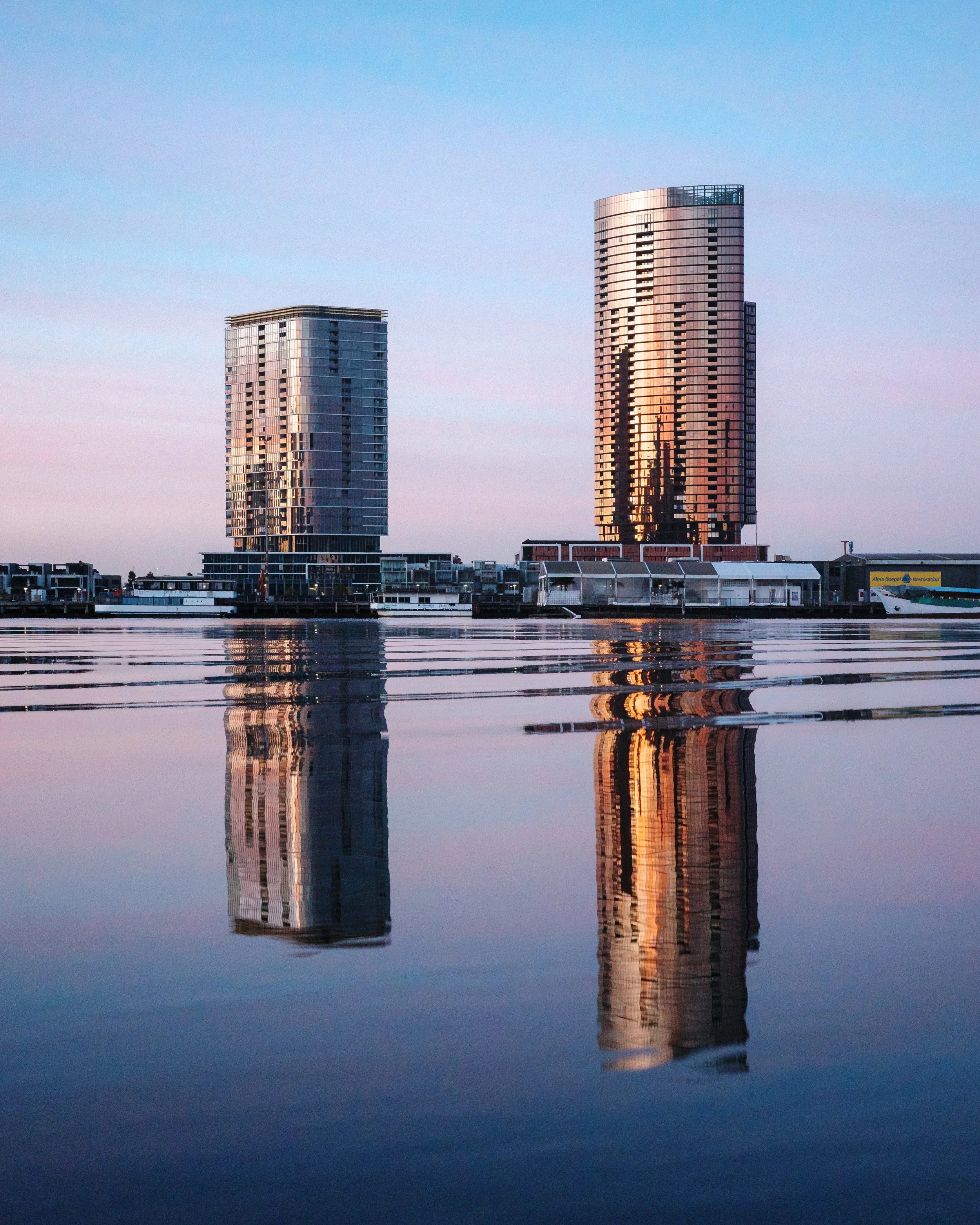 Apartment buildings, Docklands, Melbourne at sunrise, September 2023