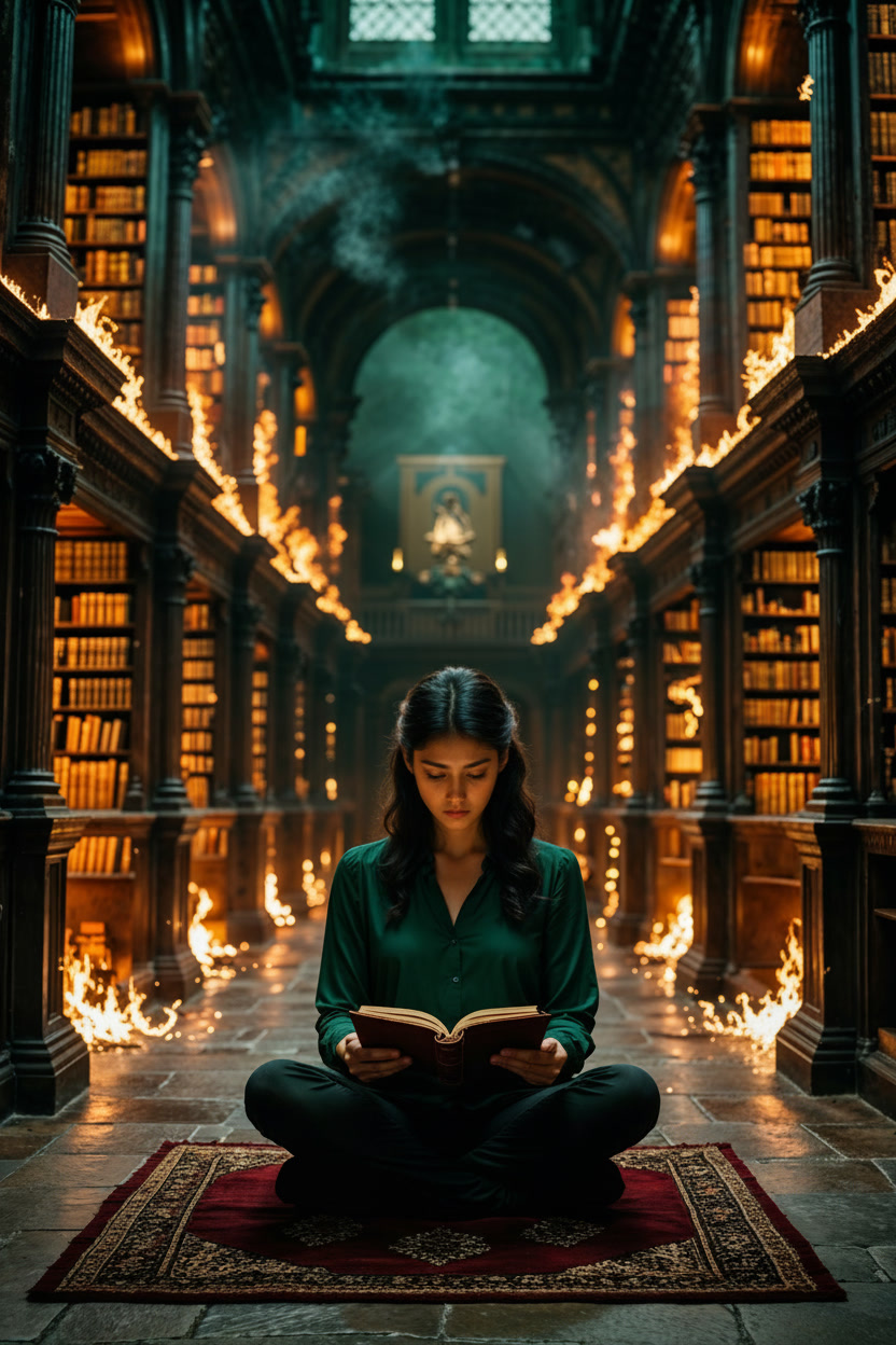 Woman calmly reading a book on a burgundy rug inside a Victorian library engulfed in golden flames, an untouched circle of safety around her, representing engaging with dark themes through speculative fiction.