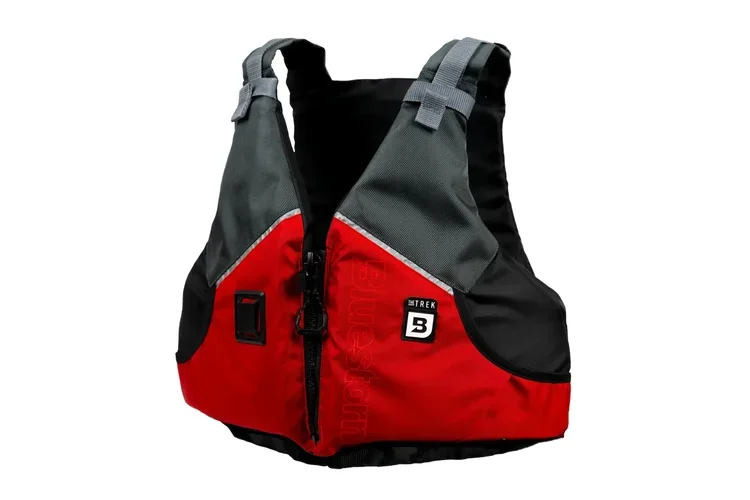 Rote Marlin 360D PFD Schwimmweste mit schwarzen Gurten und Auftriebspolstern.