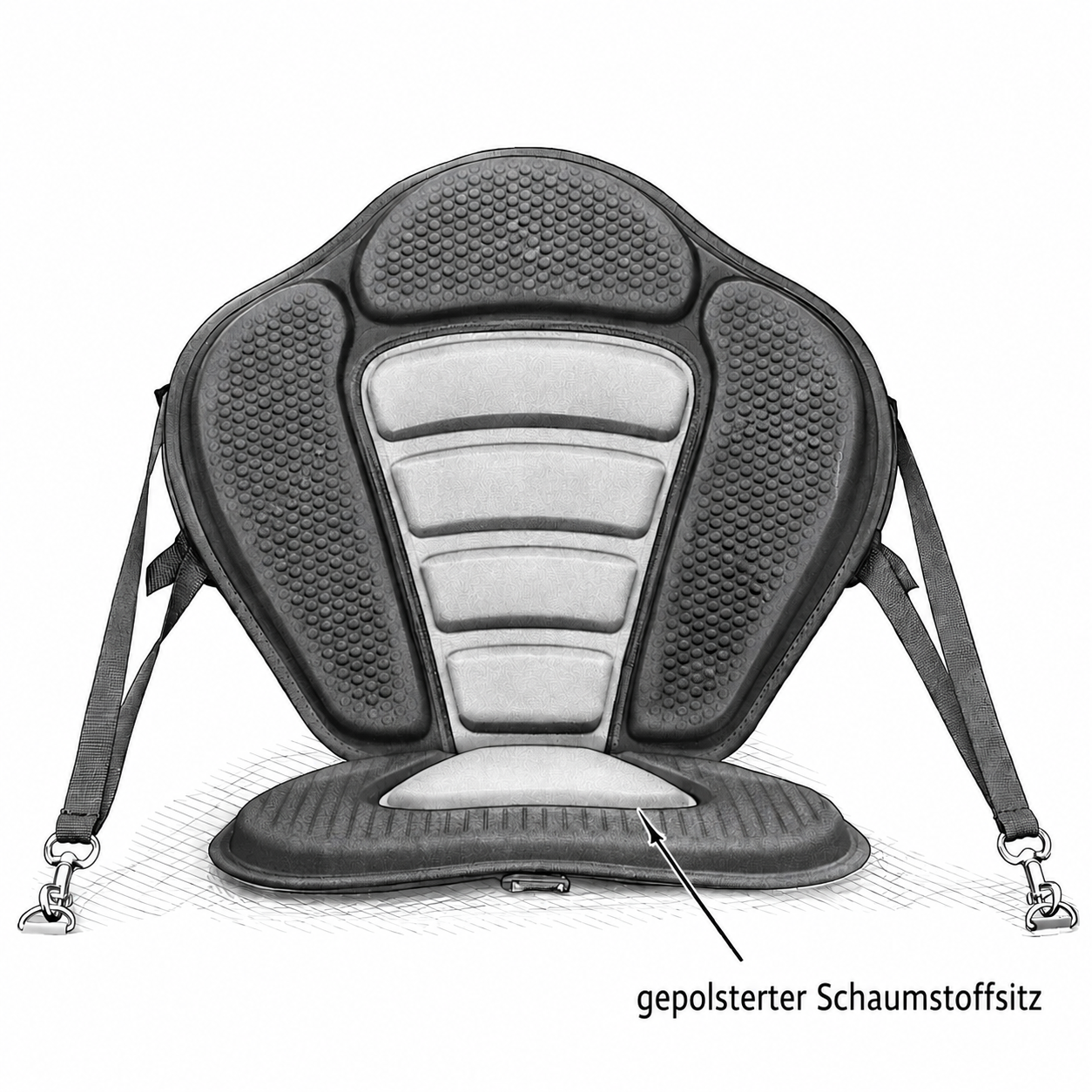 Gepolsterter Schlauchkajak-Sitz mit verstellbaren Haltegurten.