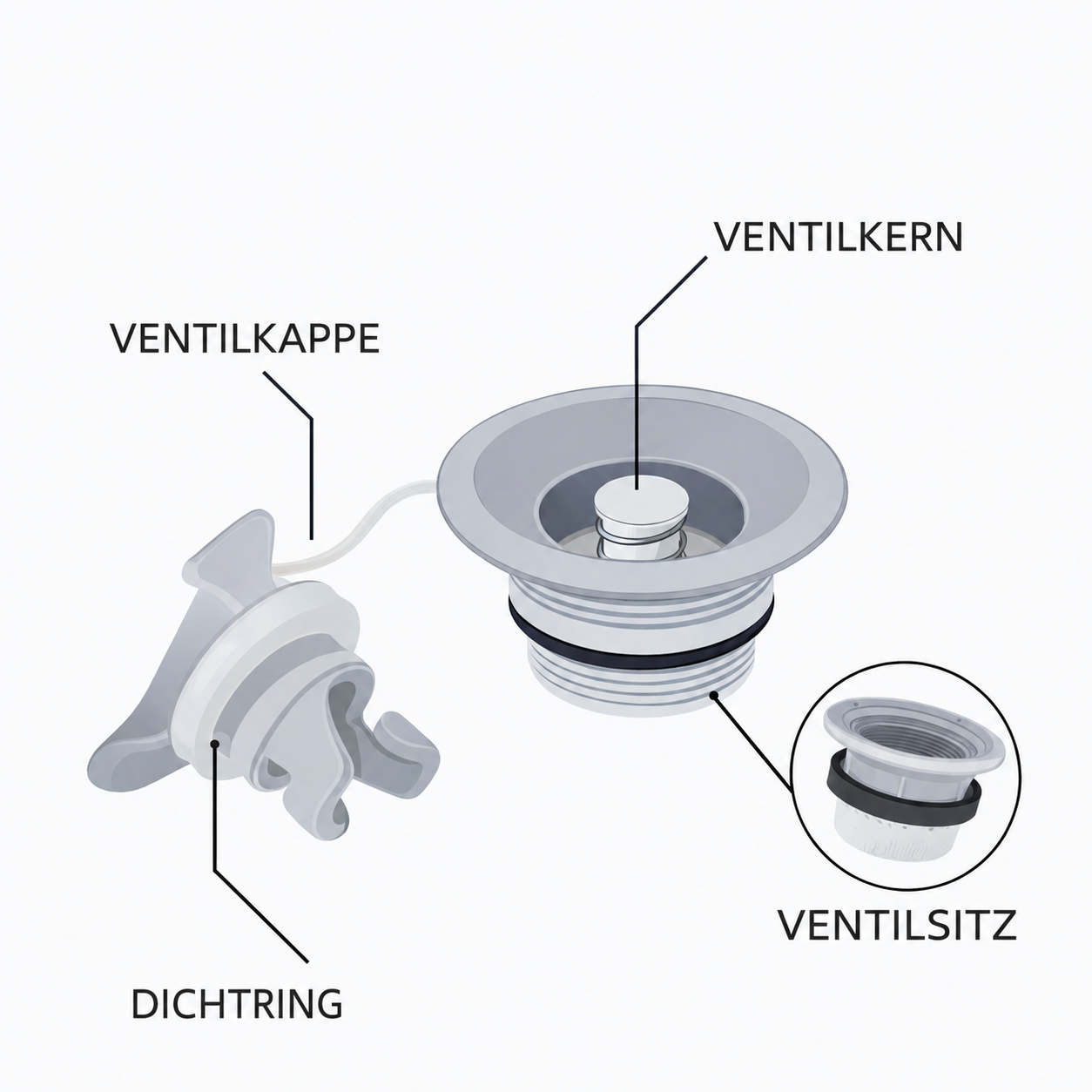 Diagramm eines Schlauchkajak-Ventils mit Ventilkern, Ventilsitz, Dichtungsring und Ventilkappe.