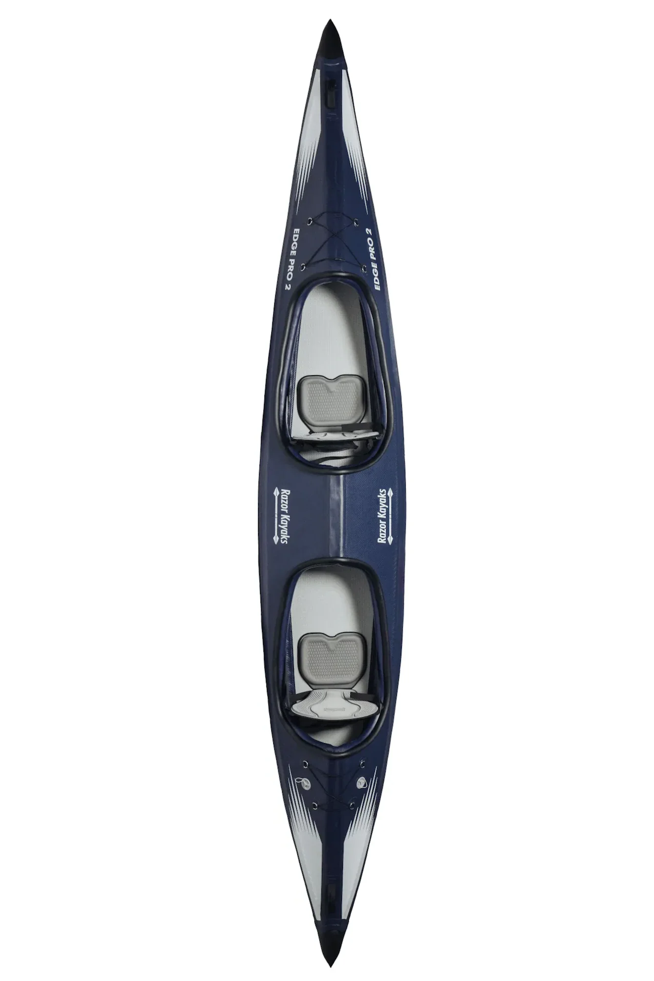 A kayak da corsa blu e bianco con sedili e maniglie.