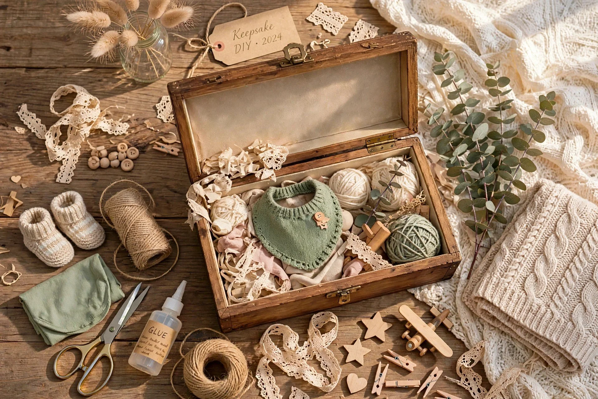 Wooden baby keepsake box with a green knitted bib, cream booties, yarn and lace on a rustic table.