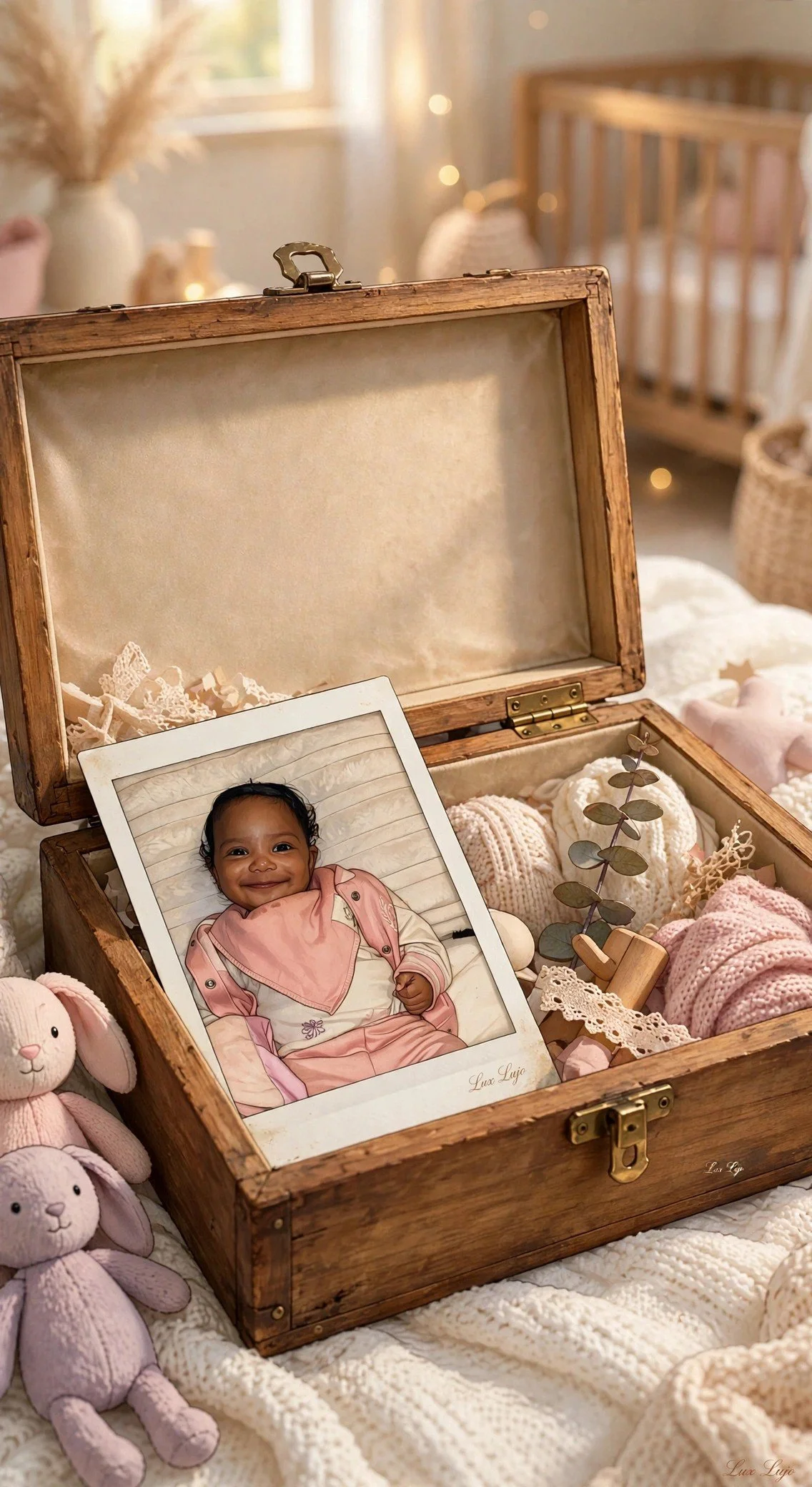 Open wooden baby keepsake box with a framed baby photograph, knitted blankets, soft toys and greenery.