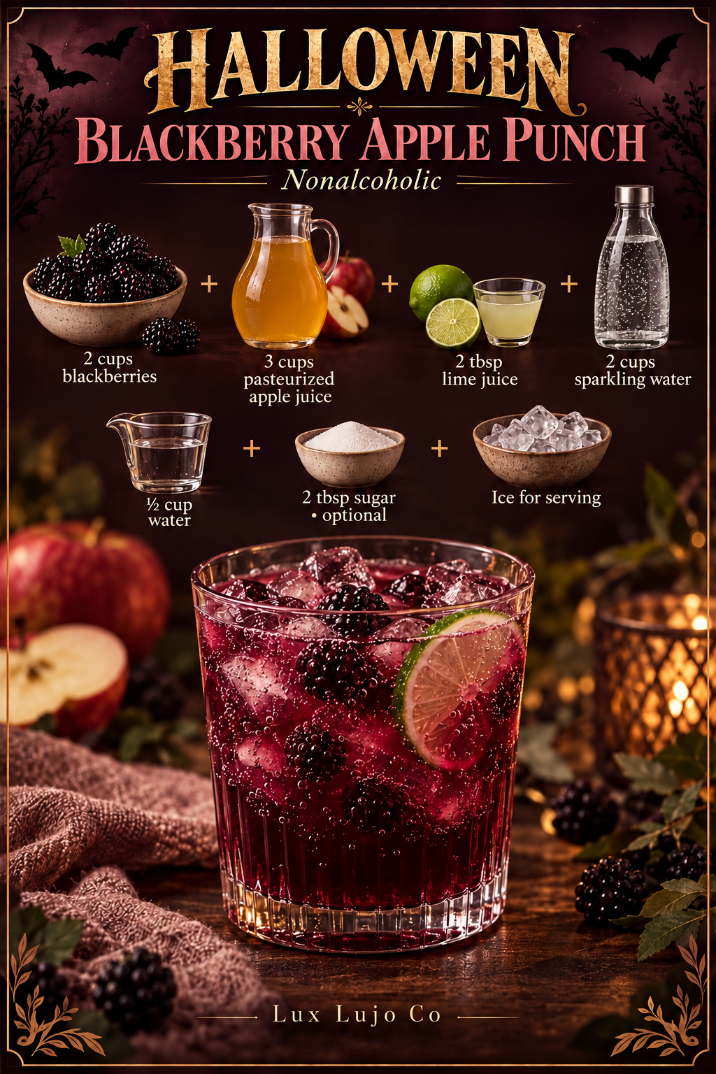 Ingredient guide for nonalcoholic blackberry apple punch with blackberries, apple juice, lime juice and sparkling water.