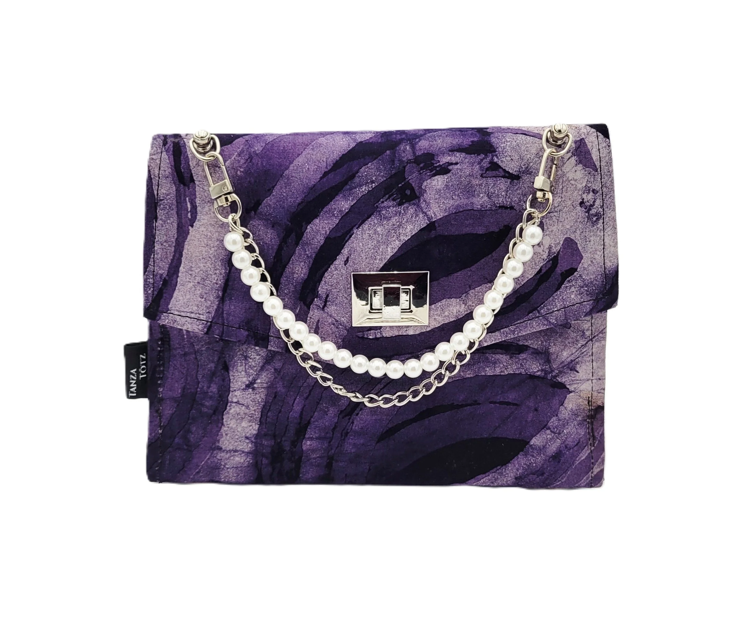 Structured Purple Handbag with Pearl & Silver Chain