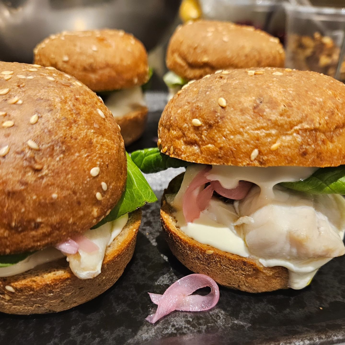 Fish Sliders were a hit over the weekend! So they are coming back with a vengeance this week.

Baked fish with lemon oil &amp; salt, lemon mayo, popped capers, pickled onion &amp; lettuce. All nestled in between the gloriously soft @thoroughbreadfood