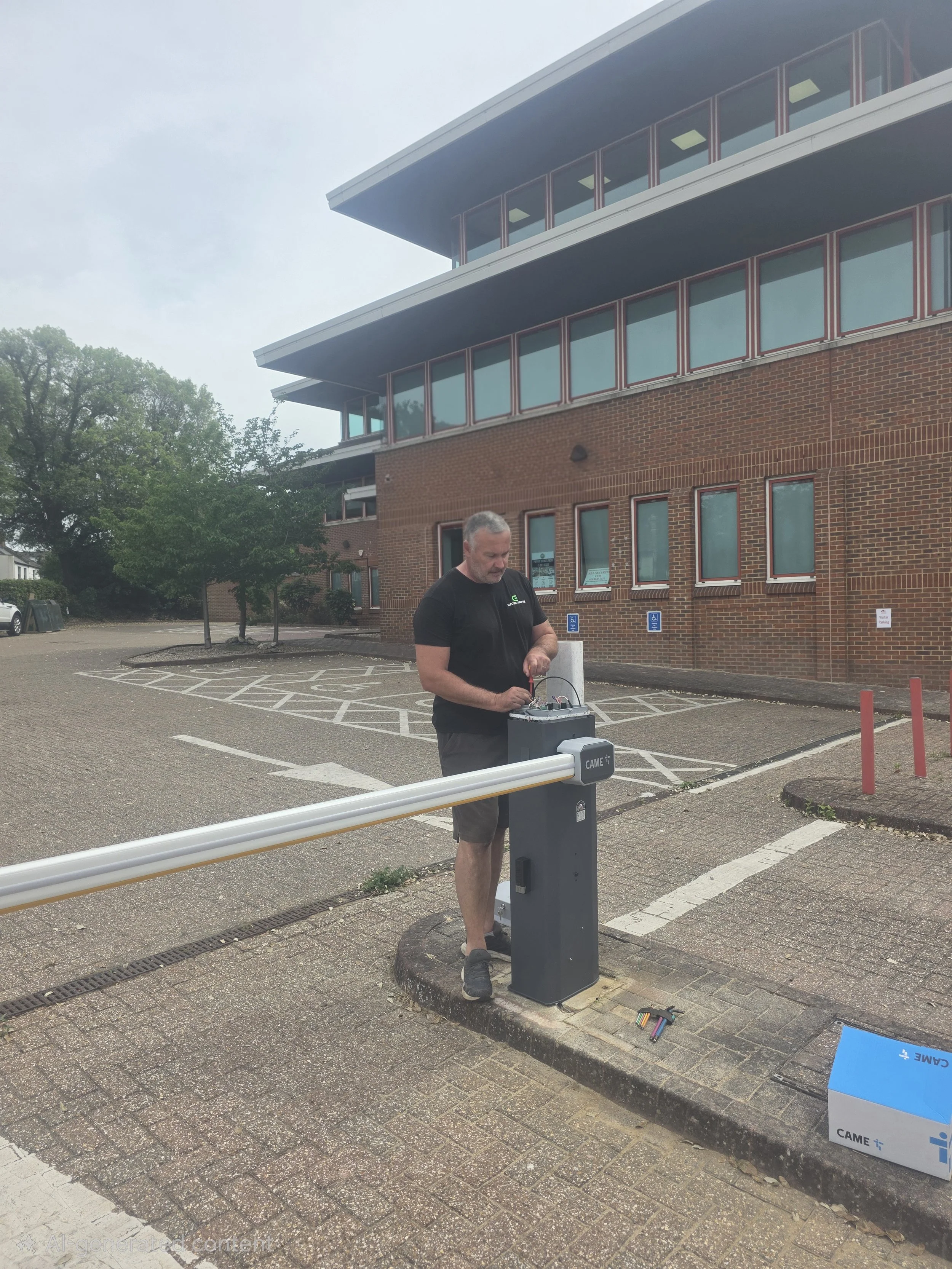 A man in black shirt and shorts is working on an electronic device at an outdoor parking lot. There is a brick building with multiple windows in the background, along with a tree. Several tools and a box labeled 'CAME' are on the ground nearby.
