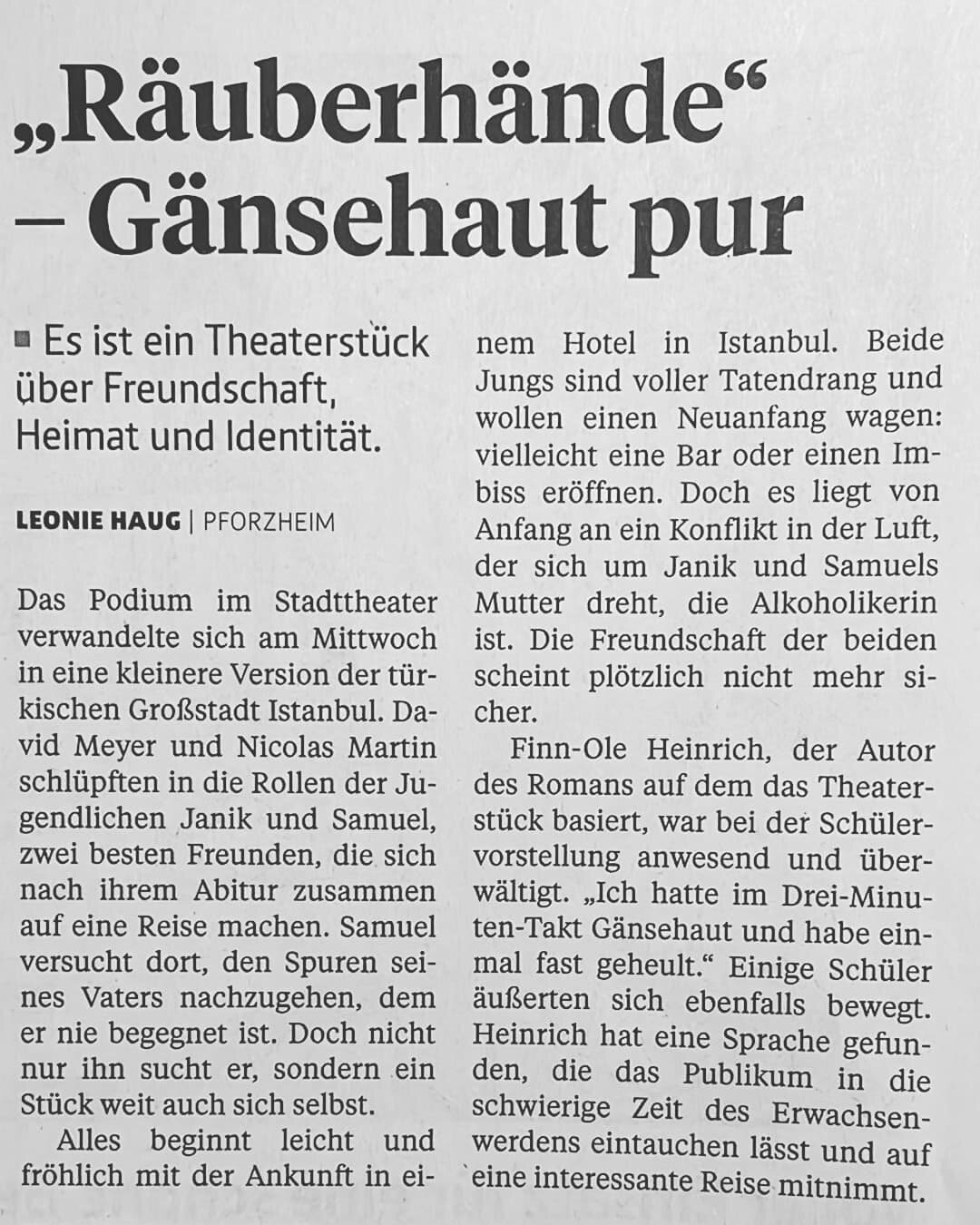 Pressestimmen zu &quot;R&auml;uberh&auml;nde&quot; (Jugendst&uuml;ck) und &quot;Au&szlig;er Rand und Band&quot; (&quot;out of Control&quot; Boulevard).

#theatre #zeitung #pznews #newspaper #theaterpforzheim