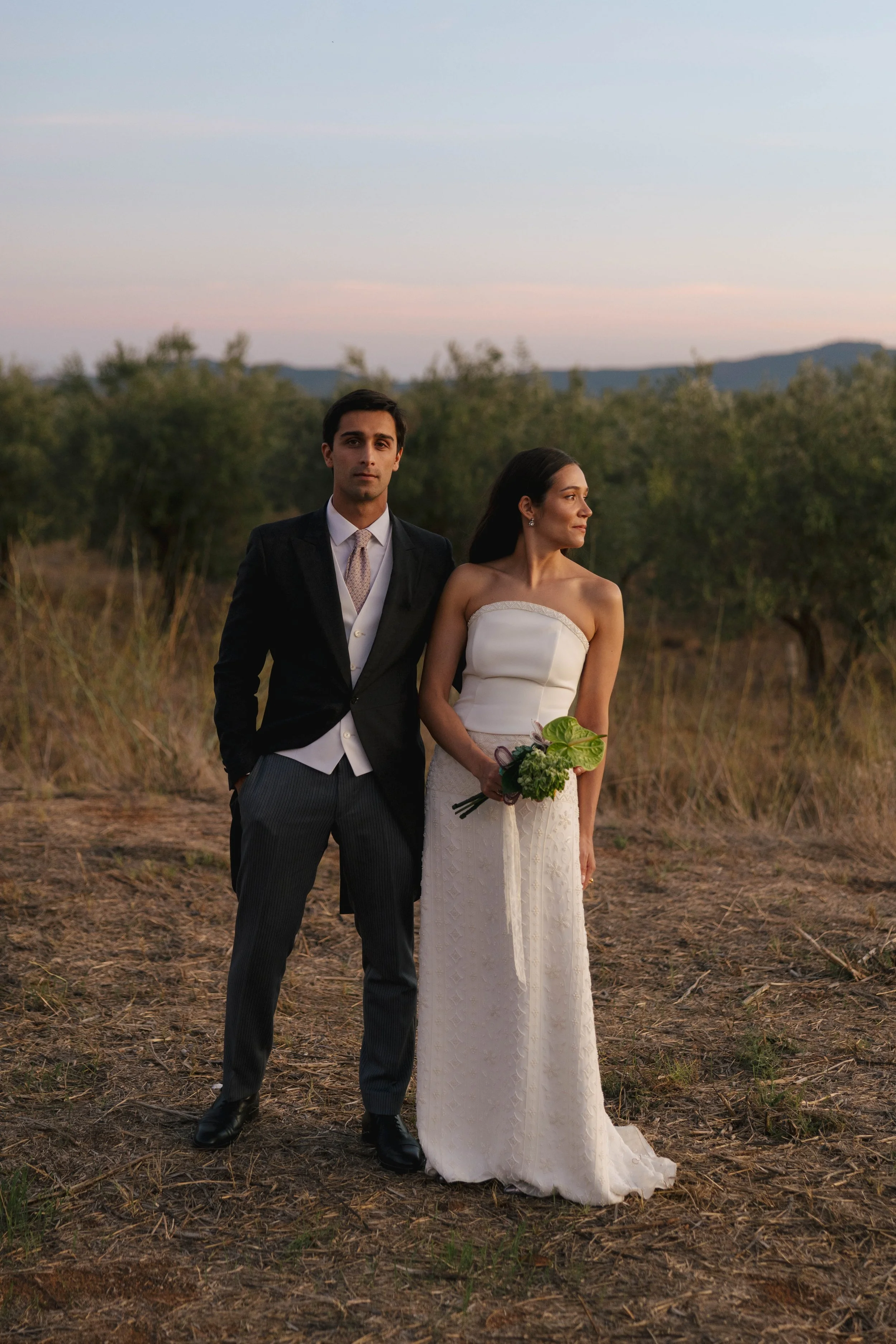 A man in a suit and a woman in a wedding dress standing outdoors in a natural landscape at sunset, with trees and mountains in the background.