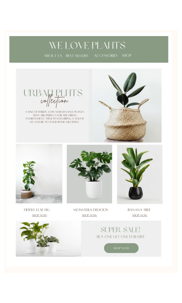 A plant shop webpage featuring various potted indoor plants, promotion for a buy one get one free sale, and a minimalist green and white color scheme.