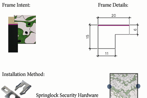 Diagram of a fencing scheme showing frame intent, frame details with measurements, and installation method using Springlock security hardware.