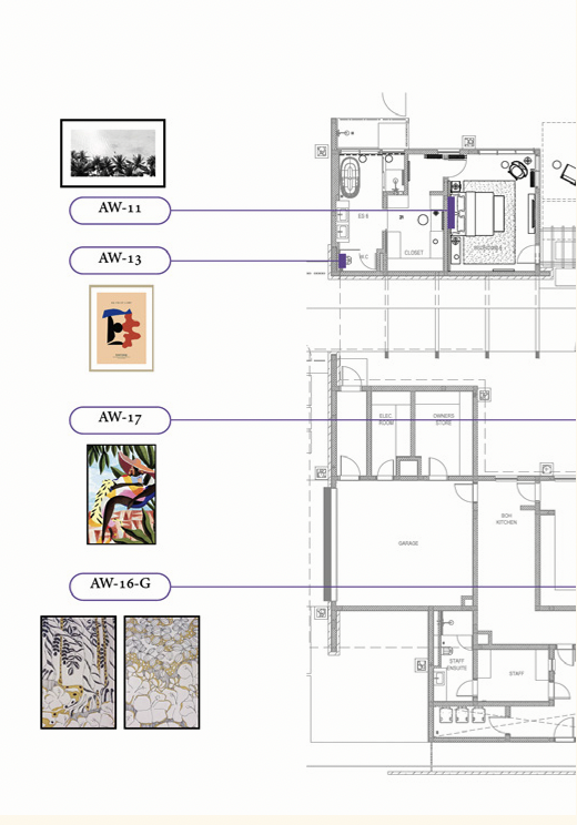 Interior design color palette and artwork annotations on a building floor plan.