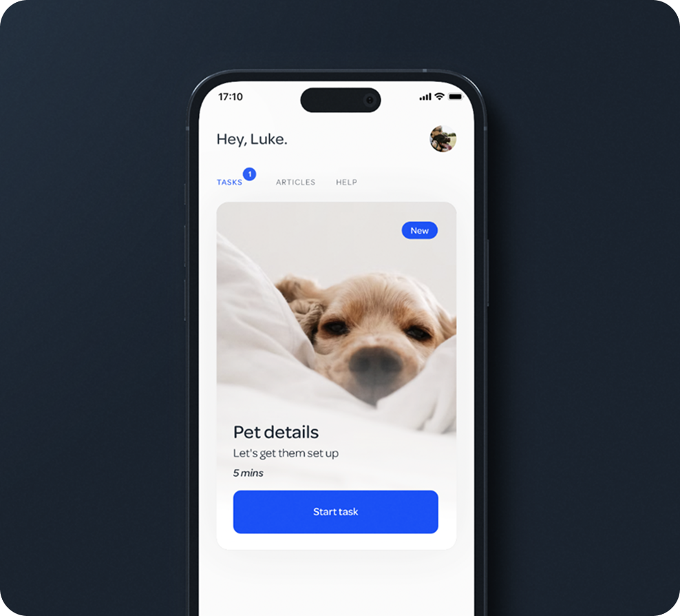 Smartphone screen displaying a pet care app with a photo of a dog, a greeting, and a 'Start task' button for pet details.