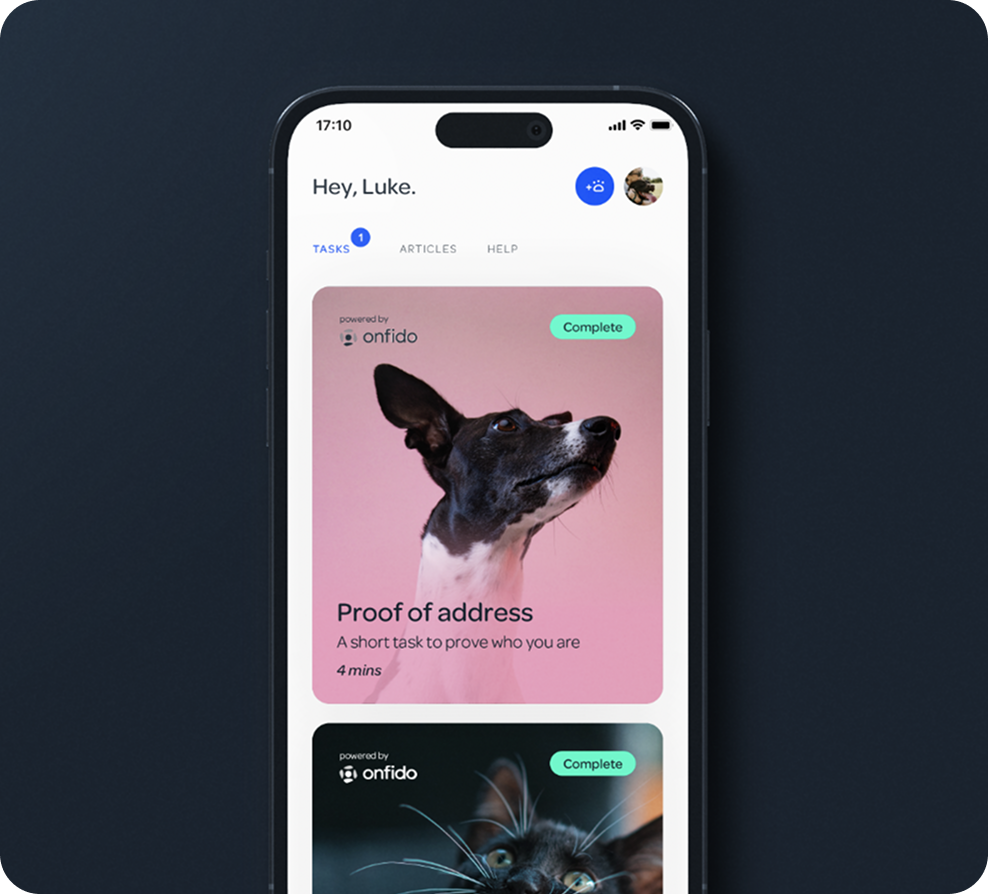Smartphone screen displaying a pet identification app with two tasks, featuring images of a dog and a cat, under a dark background.