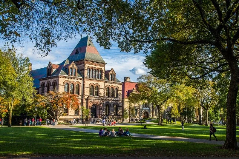 A historic brick building with a steep, multicolored roof, surrounded by trees and a grassy park where people are sitting and walking.