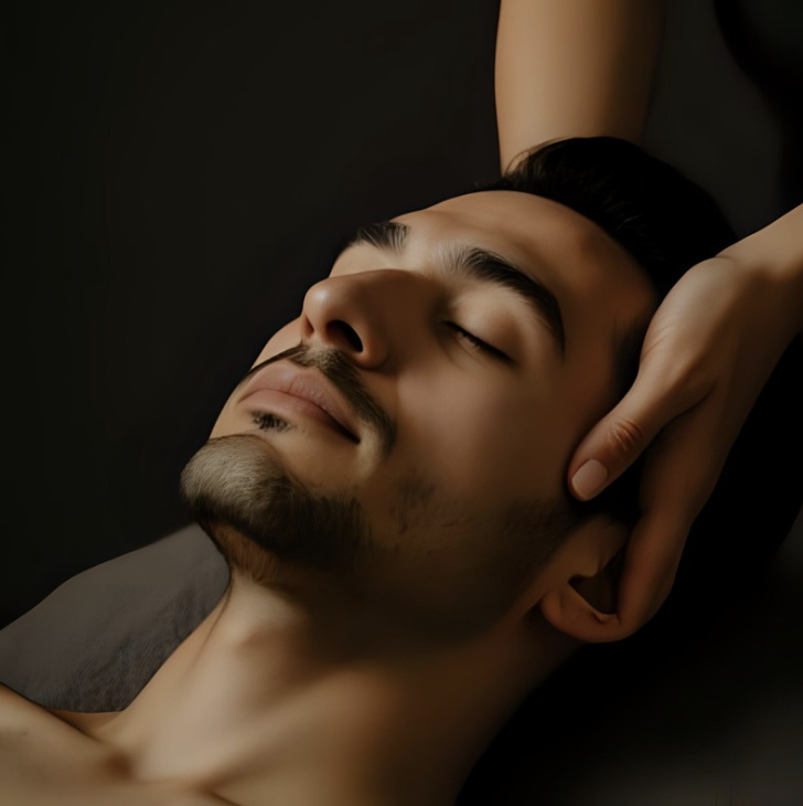 A man receiving a massage while lying down with eyes closed, relaxed expression, dark background.