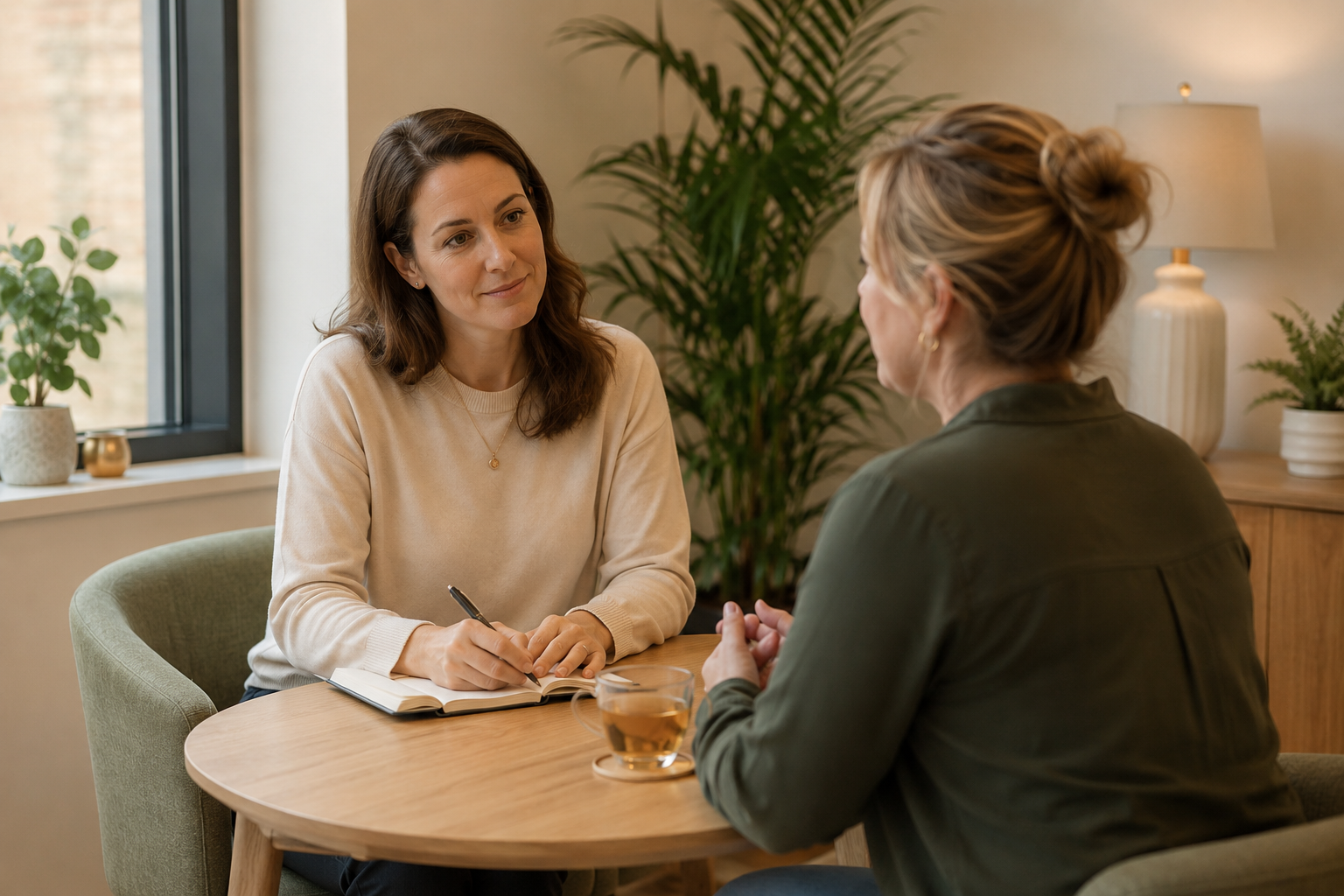Two women sitting at a round wooden table having a conversation, with one taking notes in a notebook. The woman on the left is listening attentively, and there is a glass of tea or coffee on the table. They are in a cozy, well-lit room with large windows, green plants, and a warm decor.