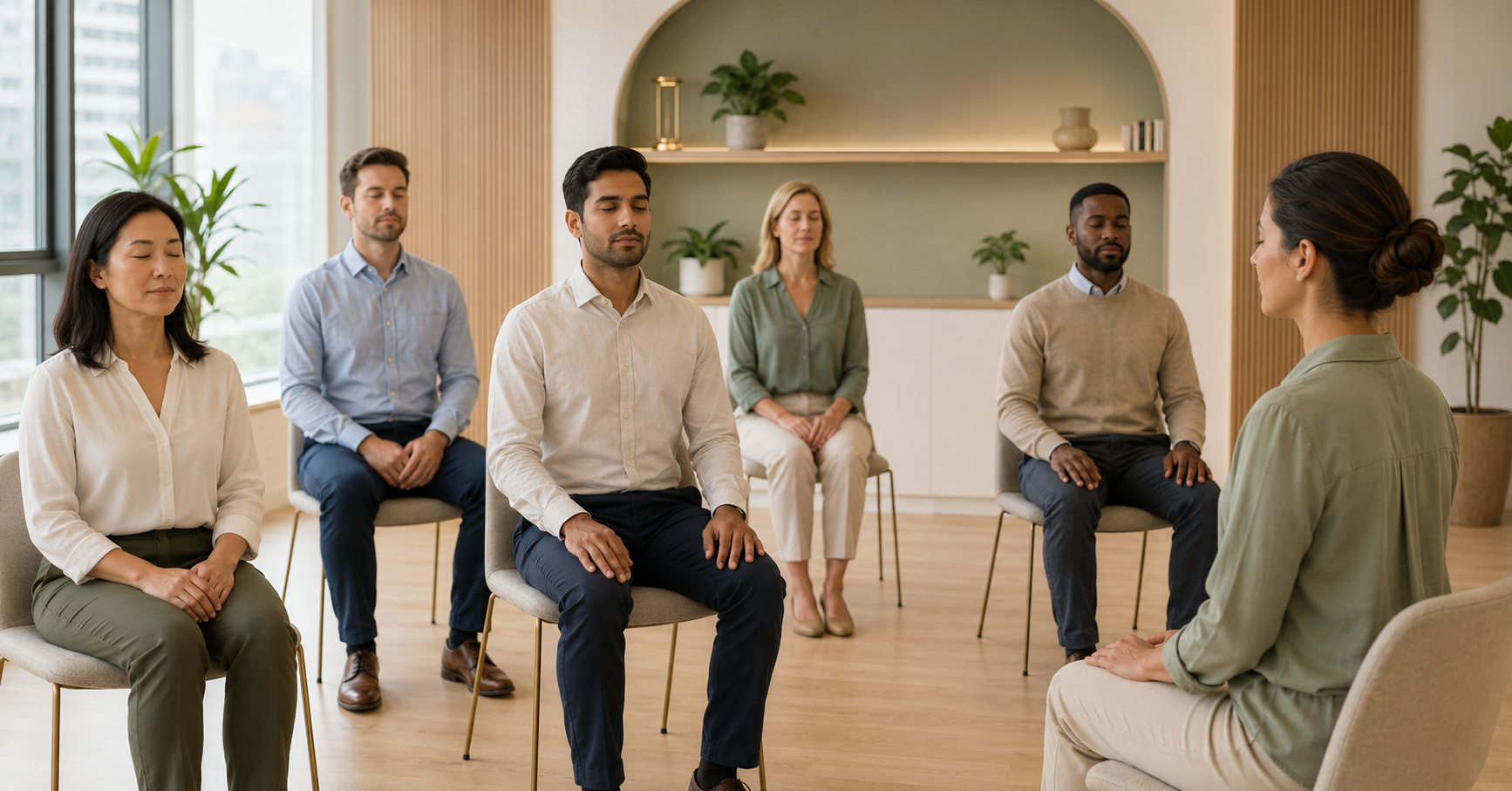 People participating in a meditation or mindfulness session in a bright, modern room with plants and wooden accents. Six individuals sit with eyes closed, facing an instructor.