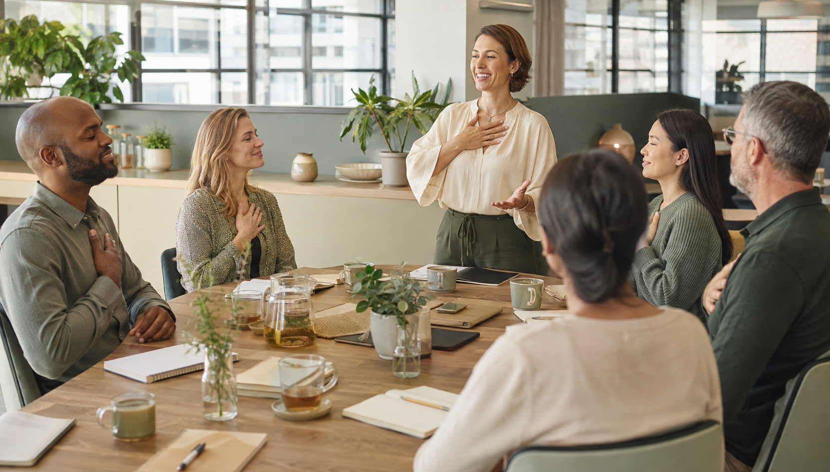 A woman standing and smiling with her hand on her chest, engaging with a diverse group of five seated people, all with hands over their hearts, in a modern office with large windows and plants.