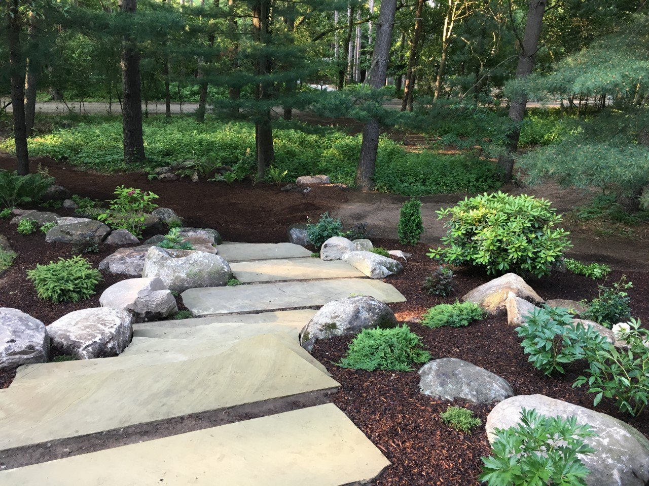 Stone steps surrounded by boulders and greenery