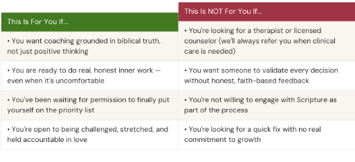 A comparison chart titled 'This Is For You If...' in green on the left and in red on the right, listing different personal traits or situations and categorizing them as suitable or not suitable for certain coaching or counseling.