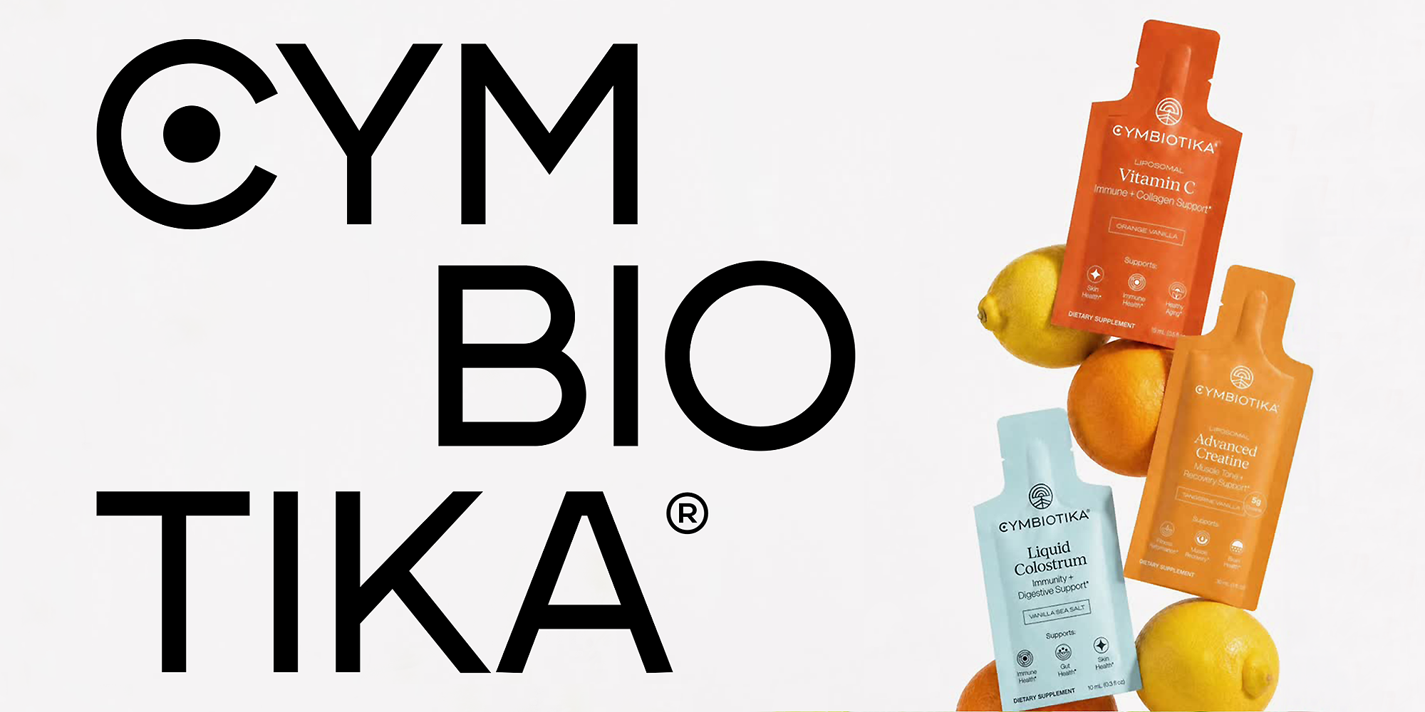 Cymbiotika hero logo with stacked products and fruit
