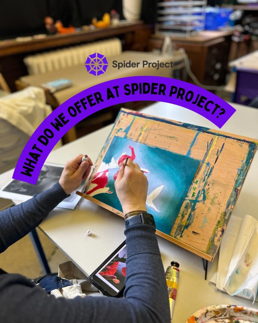 What do we offer at Spider Project?

As an award winning creative arts &amp; wellbeing recovery project established in 2007, we offer a wide variety of activities to help build on your recovery and wellbeing!

Take a look at some of the activities we