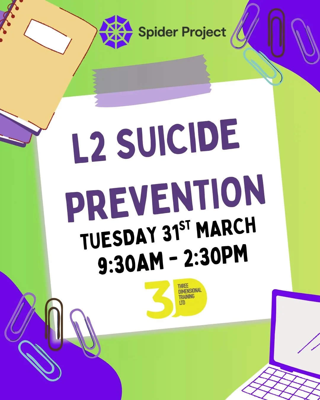 Level 2 Suicide Prevention with @3dtraining.uk 🏫

The purpose of this qualification is to provide learners with knowledge of the scale and context of suicide within the UK, its associated stigma, the main risk factors and to increase their understan