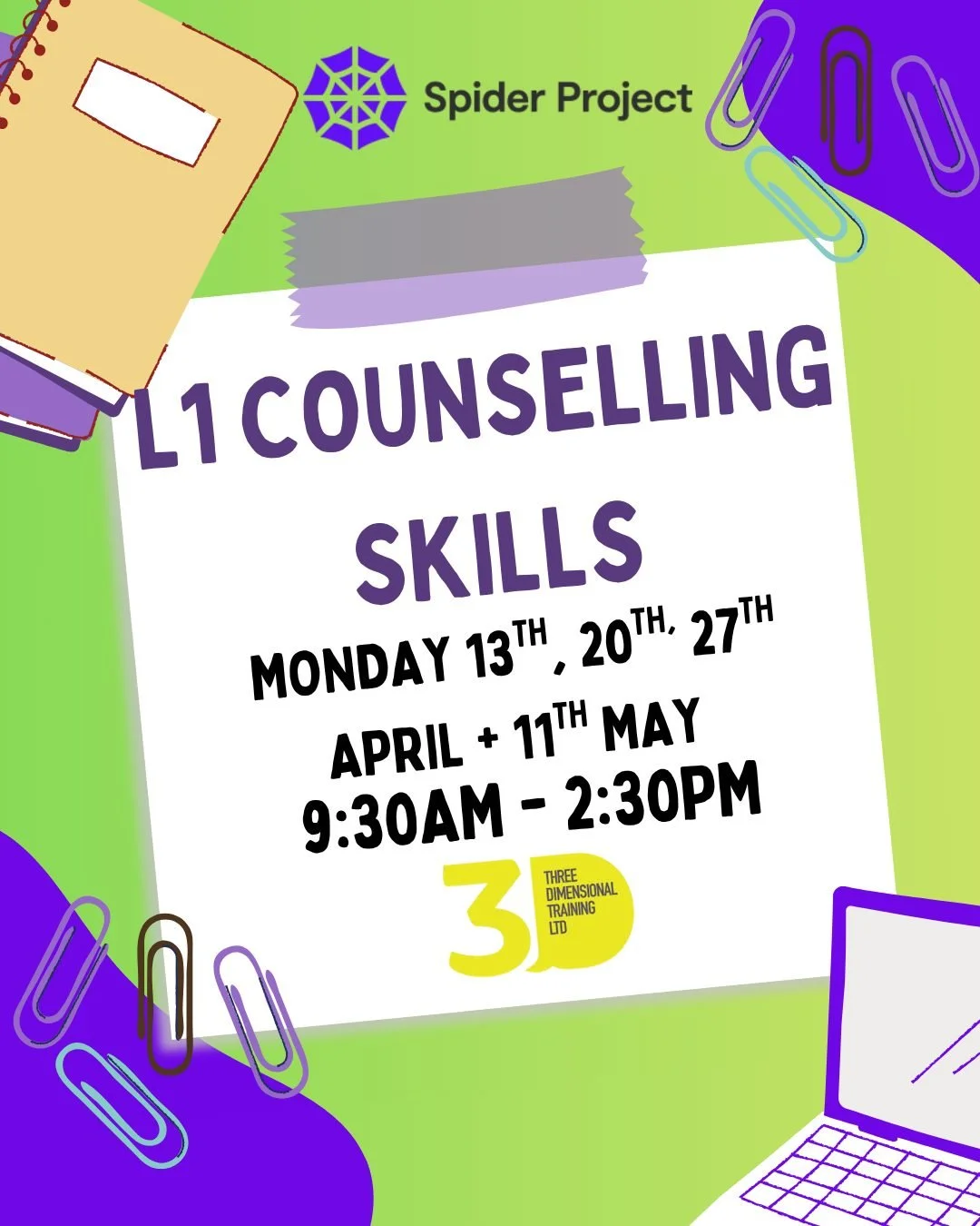 Level 1 Counselling Skills with @3dtraining.uk 🏫

Join us down at Spider for another 3D Training course! We are offering Level 1 in Counselling Skills.

Pop in, give us a call or drop us an email to book! 
🏡Hamilton House, Birkenhead, CH41 SAE
📧en