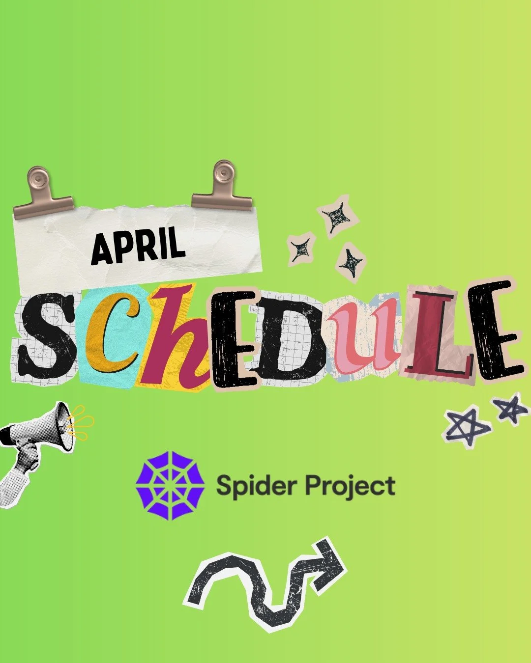 Spider Project's April Timetable 🕷

We have lots of exciting new courses and activities happening this month!

Just a reminder -
We are closed on Friday 27th March and 30th March due to a refurb 
and 3rd and 6th April due to Easter.
Therefore Photog