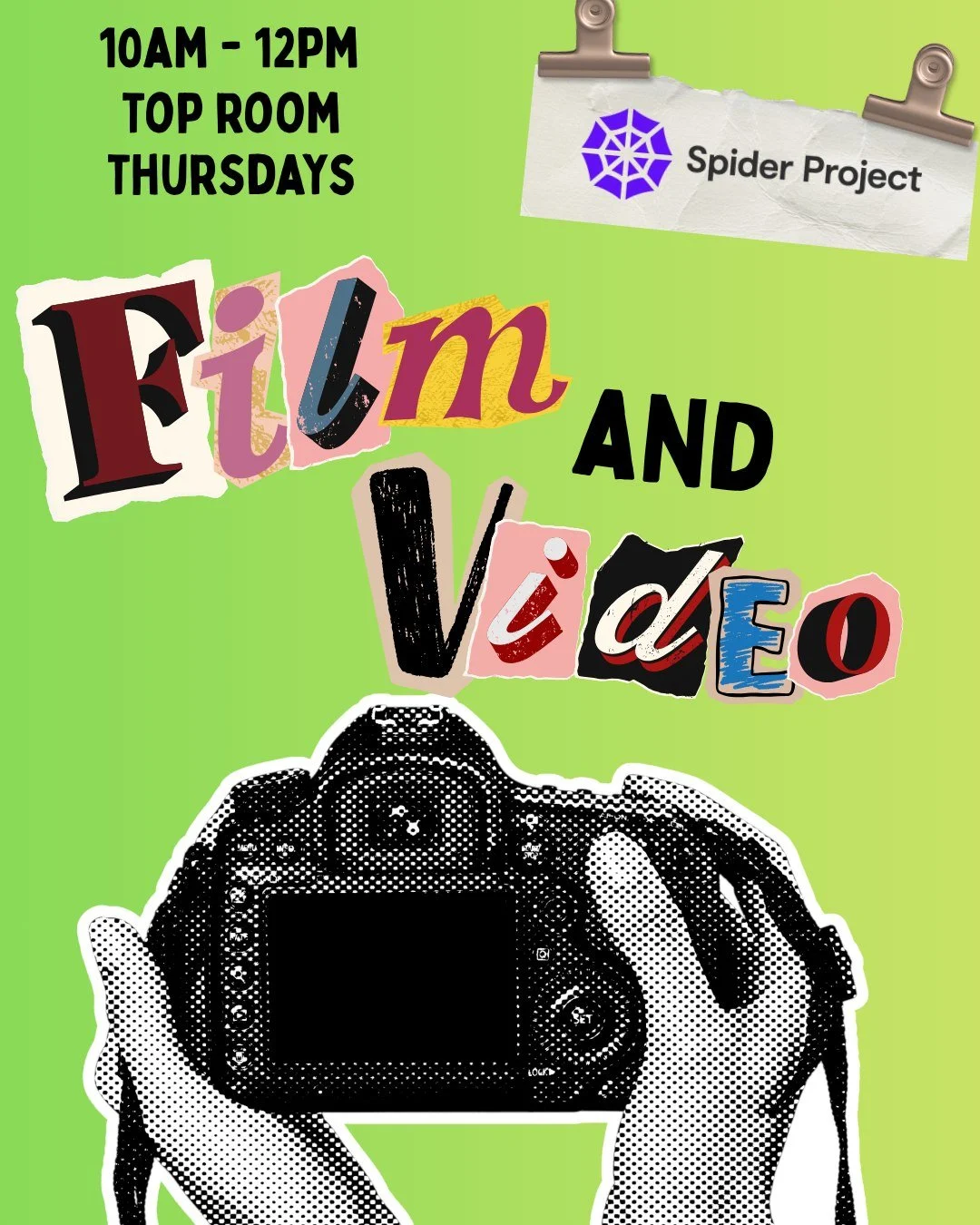 Spider's Film &amp; Video Session 🎬

Fancy making your directorial debut? Have a knack for cinematography? Or just fancy learning a new skill?

Come on down to Spider on Thursdays from 10am - 12pm and get stuck in the Film and Video session 🎥

#spi