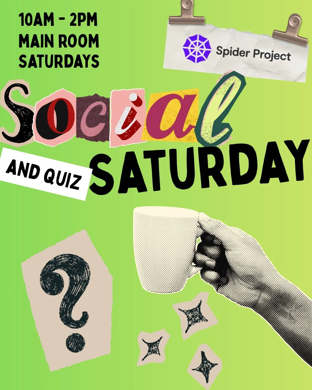 Social Saturday and Quiz ‼️

Join us down at Spider every Saturday for the famous Spider Quiz and Social Saturday 👀

Reckon you could beat the Spider Quizmaster? Pop on down from 10am - 2pm 🕷

#spiderproject #wirral #uk #creativearts #recovery #men