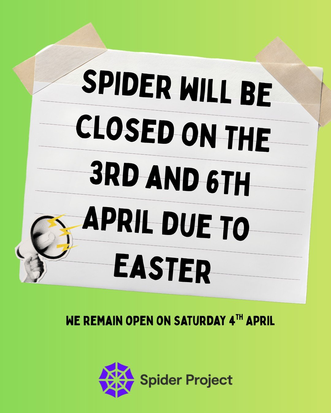 Spider will be closed on the 3rd and 6th April due to Easter ❗

Have a wonderful bank holiday everyone!

If you need support, @companeros_spiderproject is open 365 days a year, 10am - 10pm. Please contact Comapa&ntilde;eros Crisis Cafe on 0151 488 81