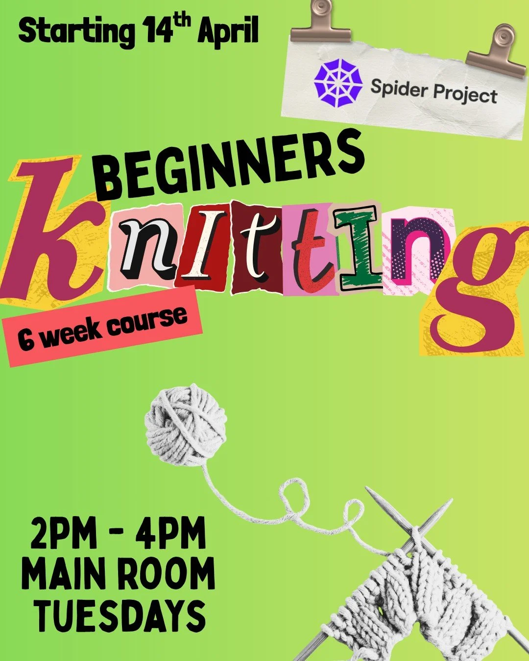 Starting next Tuesday 🤩

Beginners Knitting 🧶

Join us down at Spider every Tuesday for a 6 week course on the basics of knitting!

Grab your wool, as this session is on between 2pm - 4pm.

Please book your space with staff! 😄

#spiderproject #wir