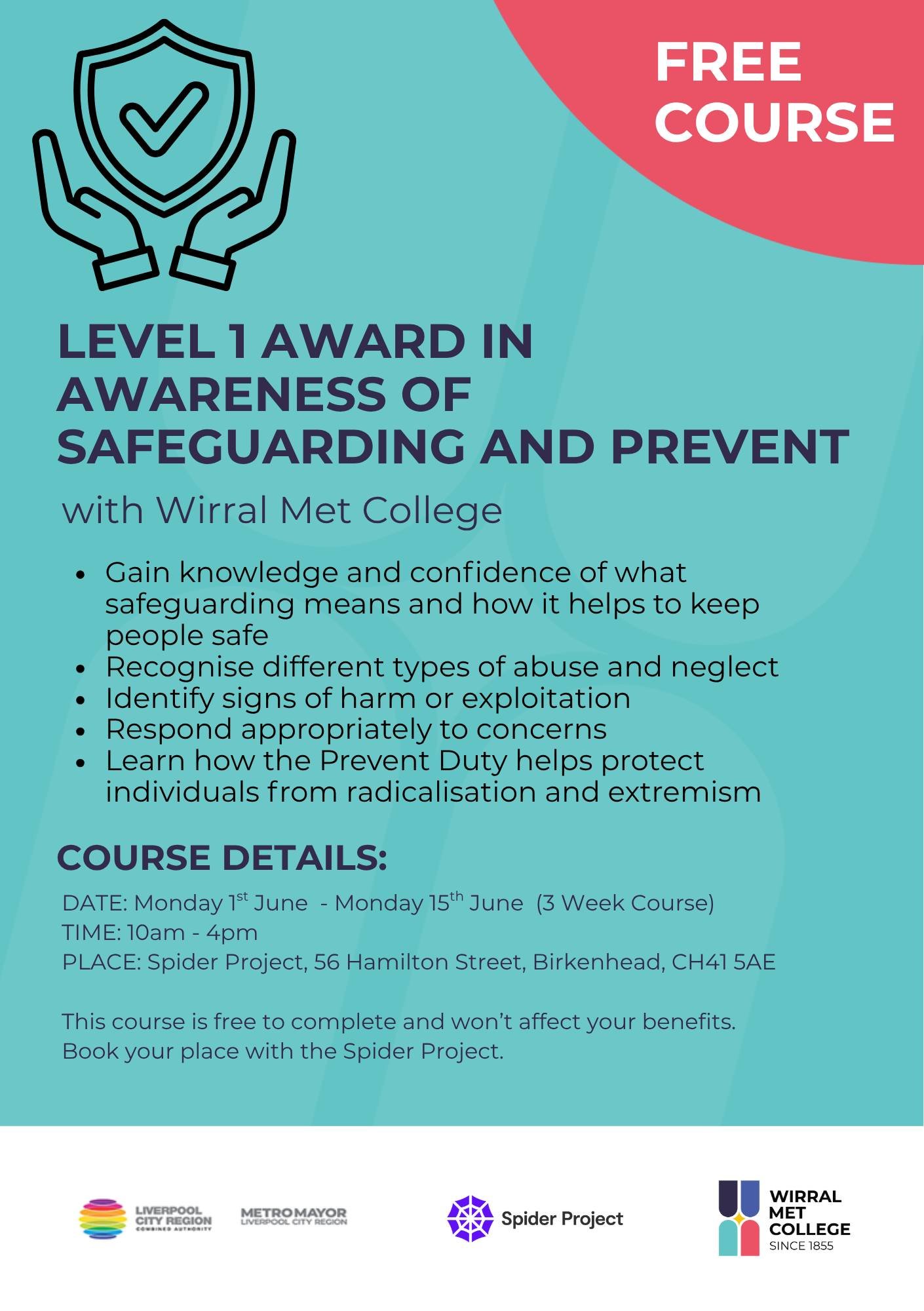 Level 1 Award in Awareness of Safeguarding and Prevent with @wirralmetcollege 🏫

Gain knowledge and confidence of what safeguarding means and how it helps to keep people safe and much more!

Running from Monday 1st June - Monday 15th June.

Call up,