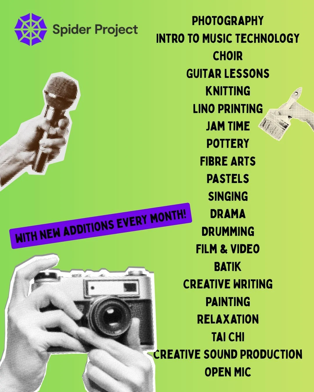 Want to know what Spider has to offer? 🤔

Here's the creative sessions we currently offer! 🤩

Just a reminder, some sessions do need to be booked so check the timetable on the website for more information!

#spiderproject #wirral #uk #creativearts 