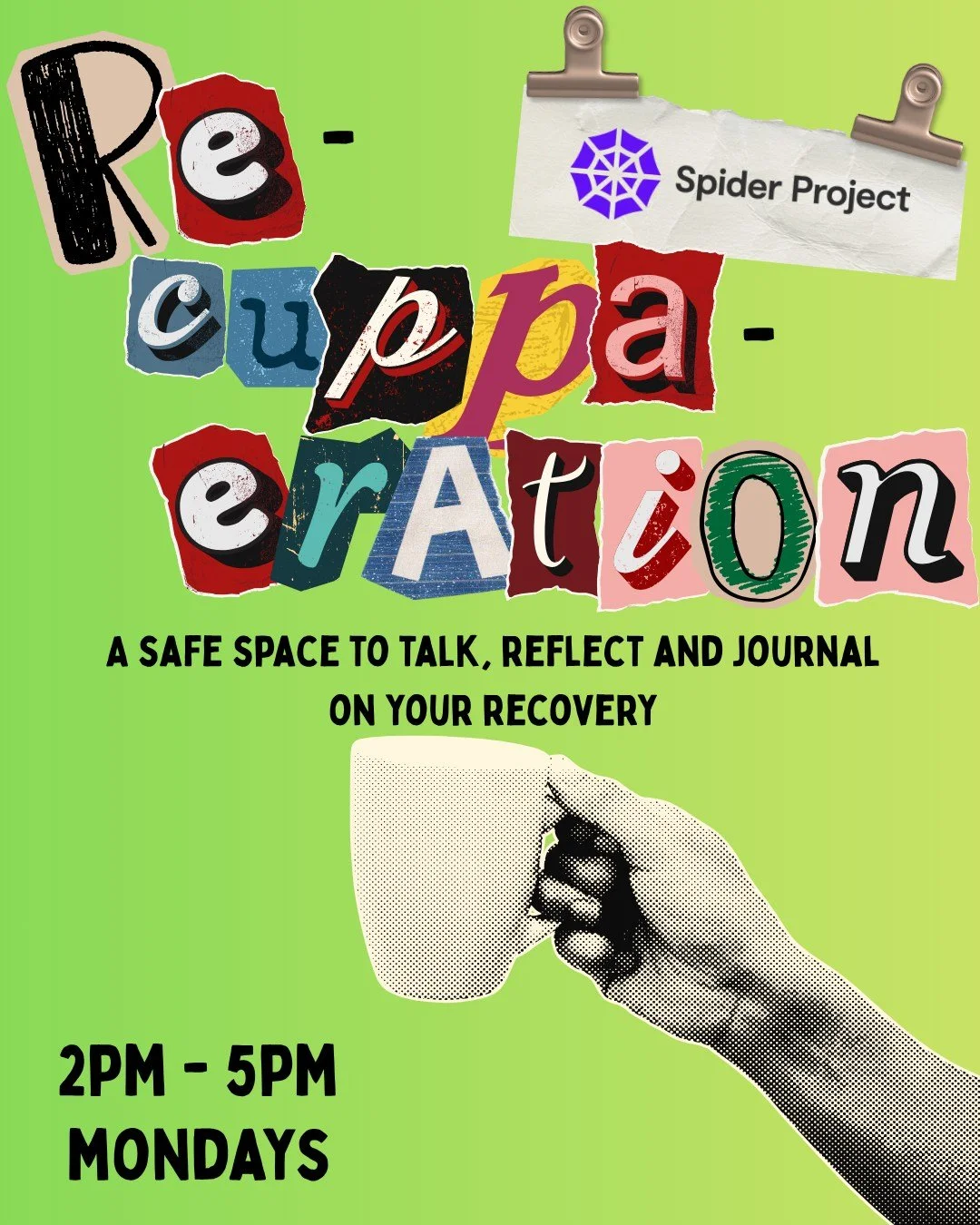 Re-cuppa-eration ☕

A safe space to talk, reflect and journal on your recovery.

Every Monday from 2pm - 5pm, come and join the conversation.

#spiderproject #wirral #uk #creativearts #recovery #mentalhealth #mentalhealthawareness #volunteering #volu