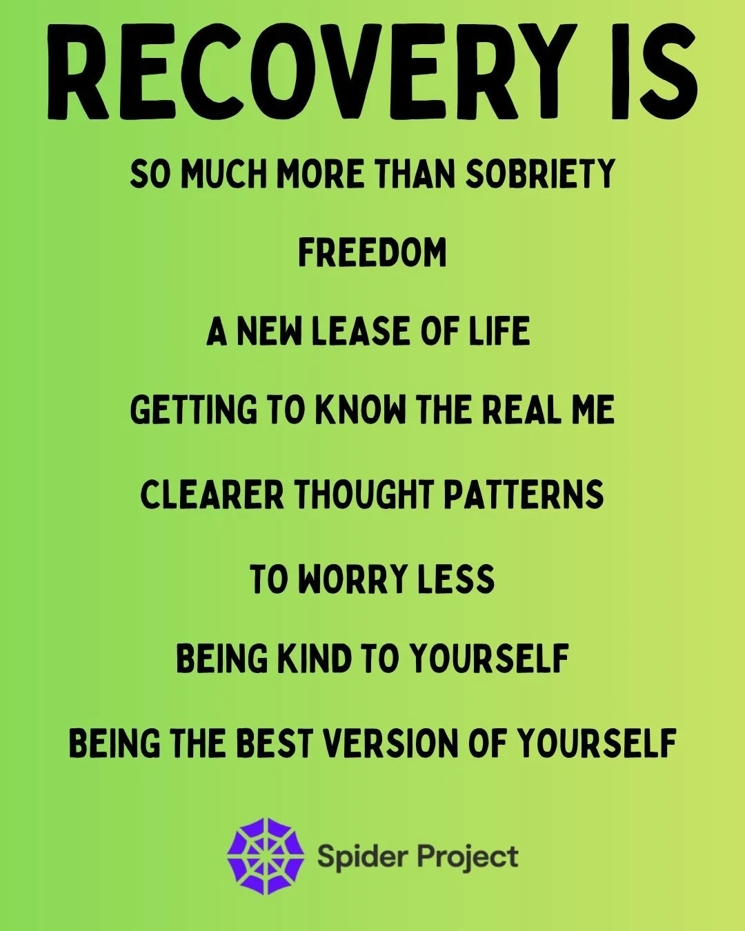 Recovery is: 

Fancy getting involved with Spider?
🏡Hamilton House, Birkenhead, CH41 5AE
📧enquiries@Spiderproject.org.uk
📞01516477723

#spiderproject #wirral #uk #creativearts #recovery #mentalhealth #mentalhealthawareness #volunteering #volunteer
