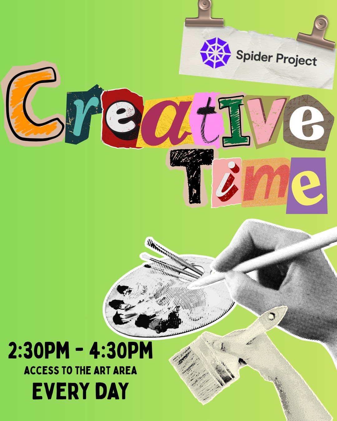 Creative Time 🎨

Every day at Spider, we offer access to the art area where you can unleash your creativity and get started on your own project! 

You do not need to book to access the art area during creative time, just simply turn up and get creat