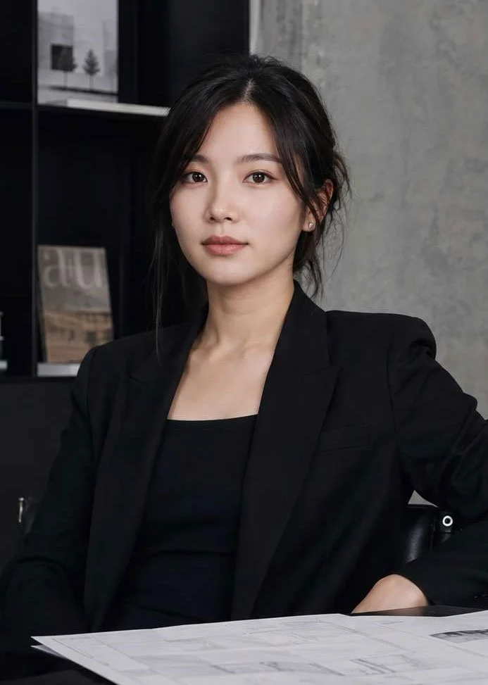 A young Asian woman with dark hair in a casual updo, wearing a black blazer and top, sitting at a desk with architectural plans, in a modern office setting.