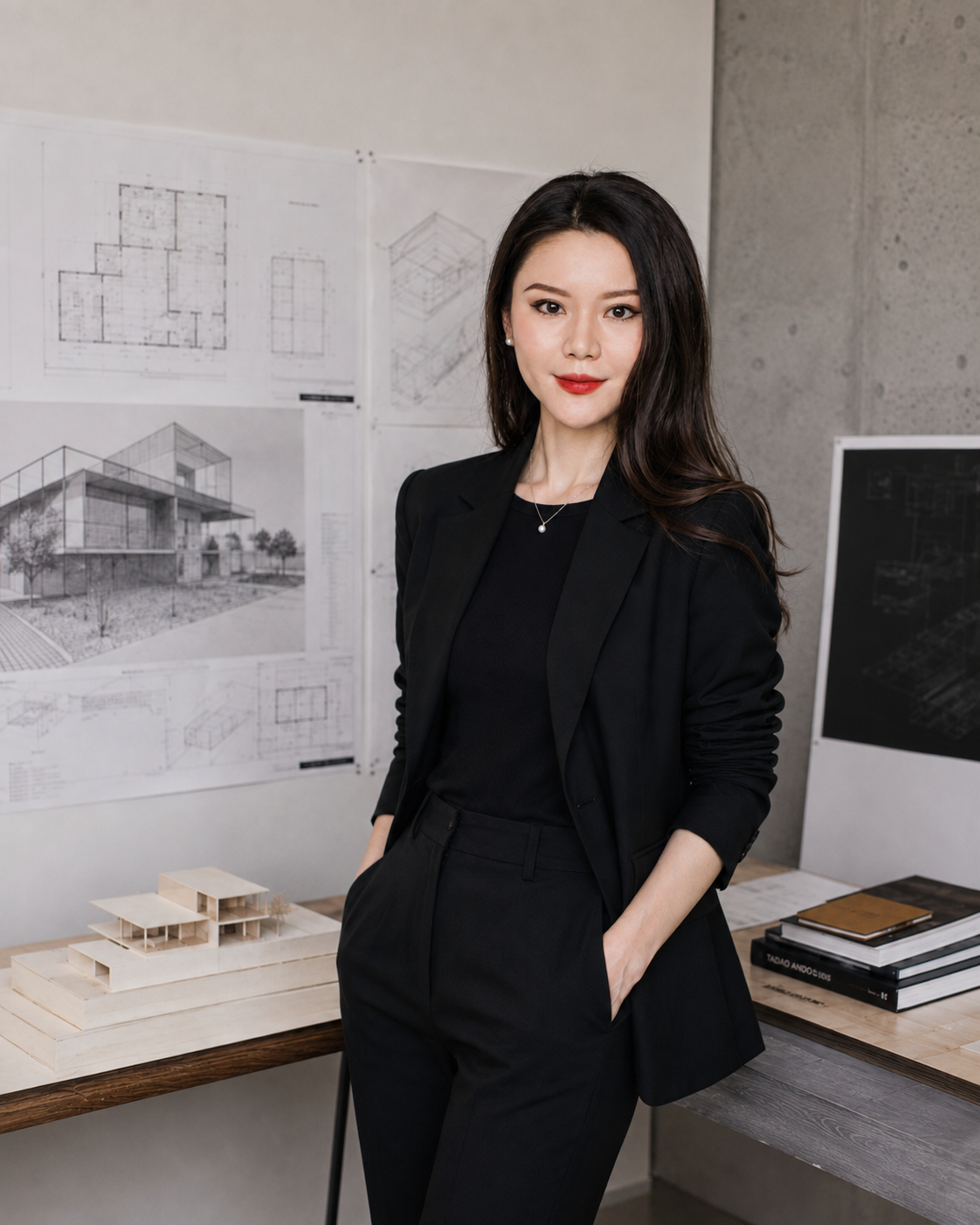 A woman in a black suit standing in front of architectural blueprints and models on a table, in an office or studio setting.